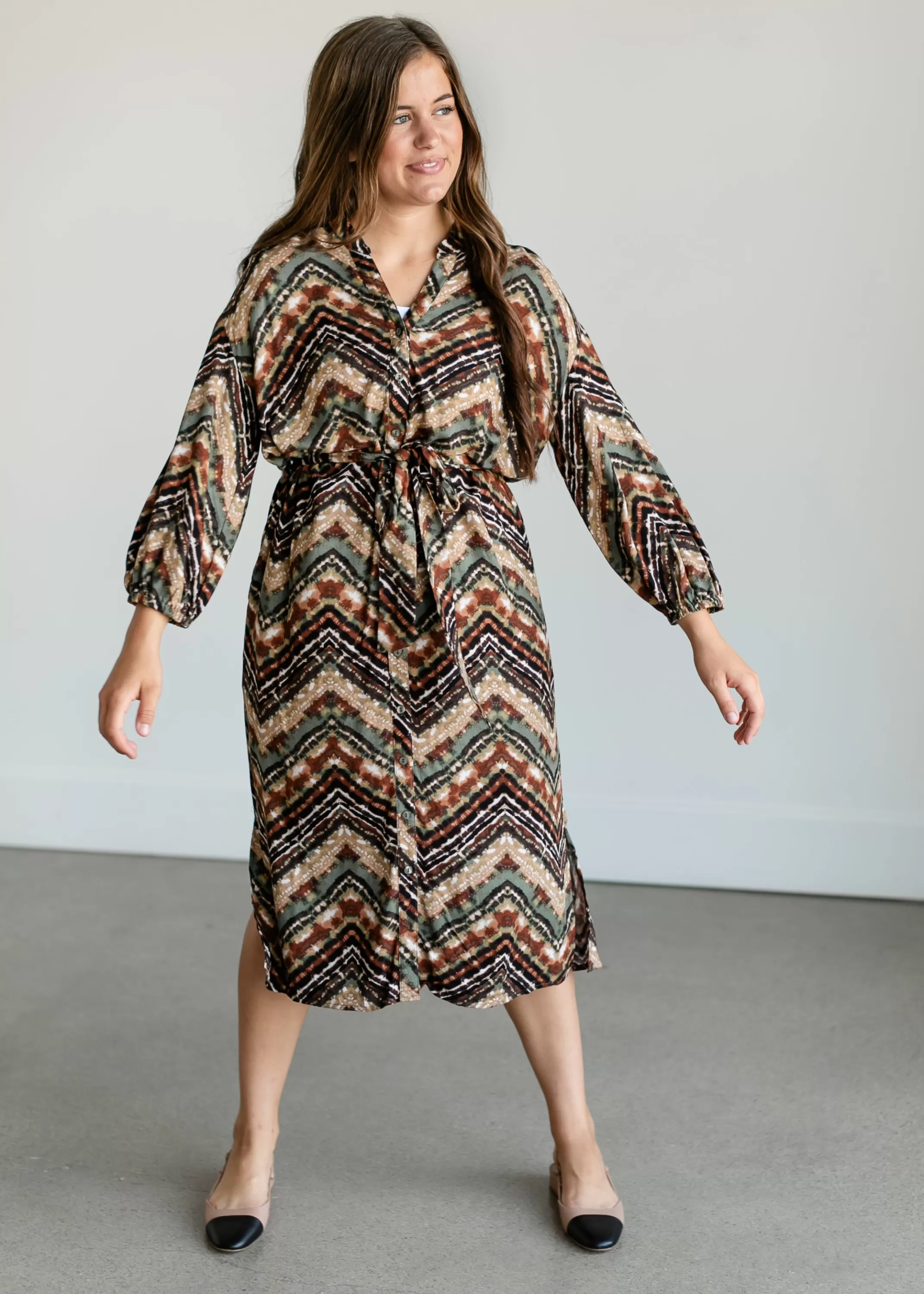 Best Sale Abstract Chevron Midi Shirtdress Women Nursing Friendly