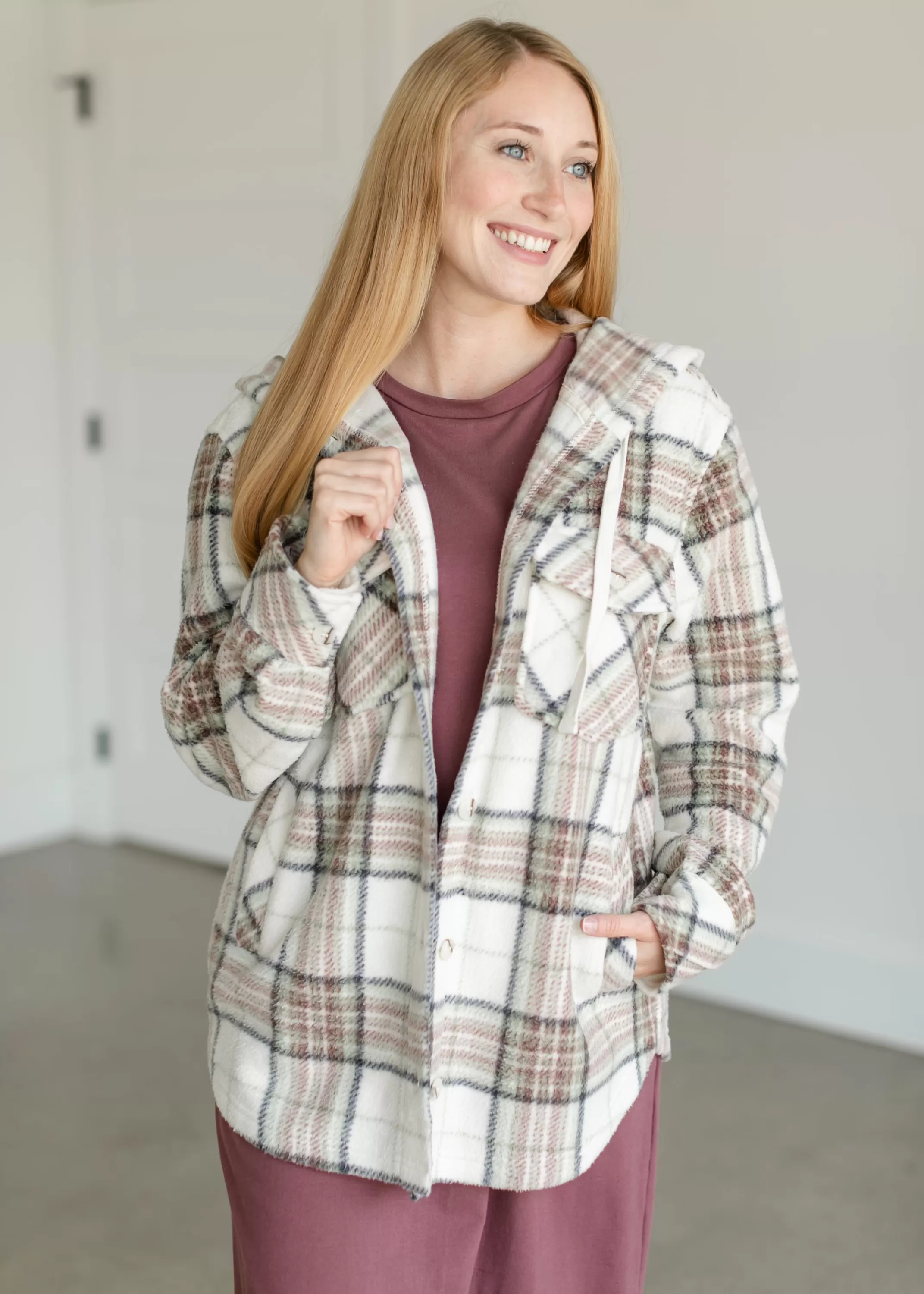 Cheap Almira Plaid Hooded Shacket Women Jackets