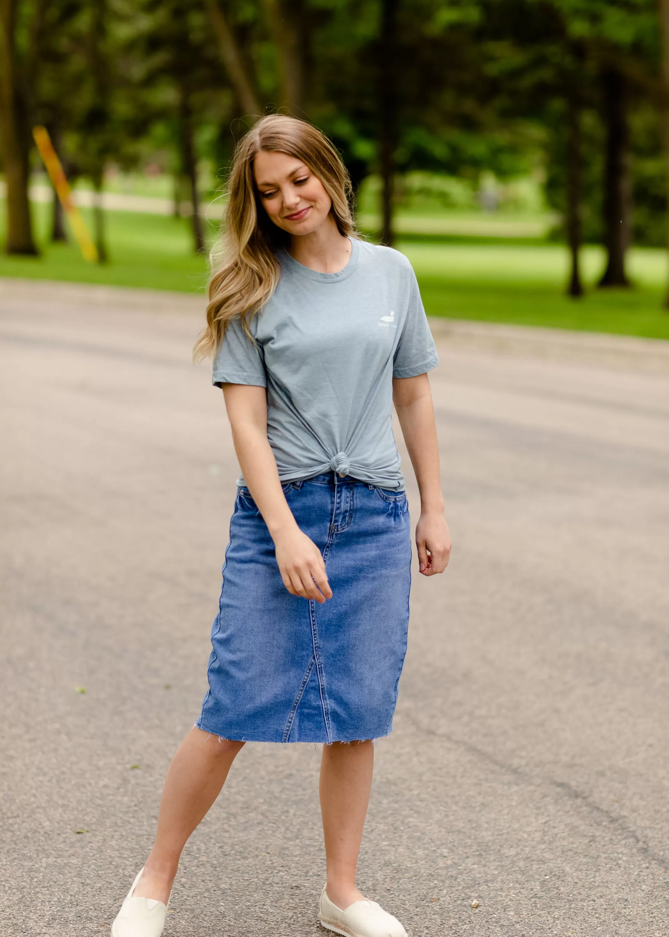 Discount Anya Raw Hem Medium Wash Midi Skirt Women Plus Size