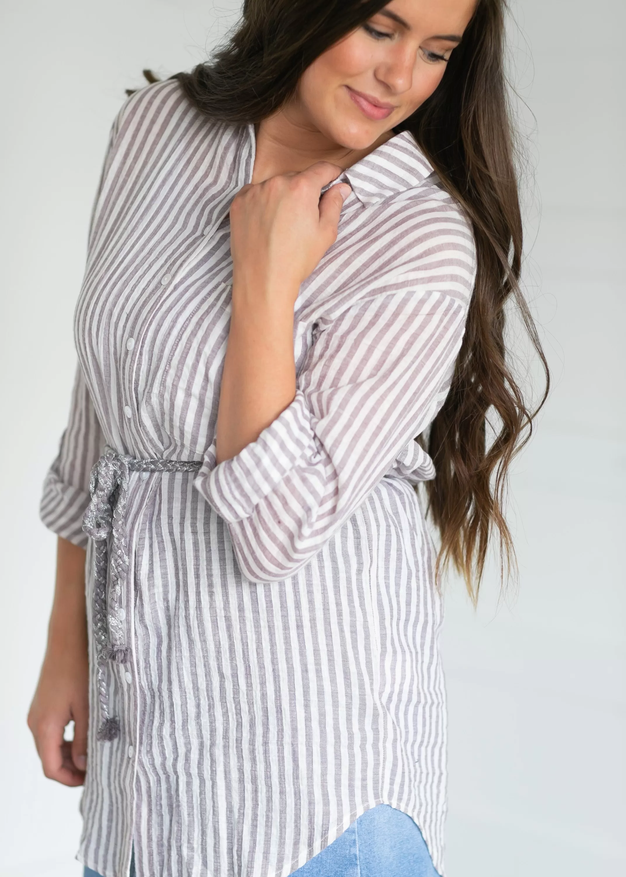 Online Belted Crinkle Cotton Button Up Top Women Nursing Friendly