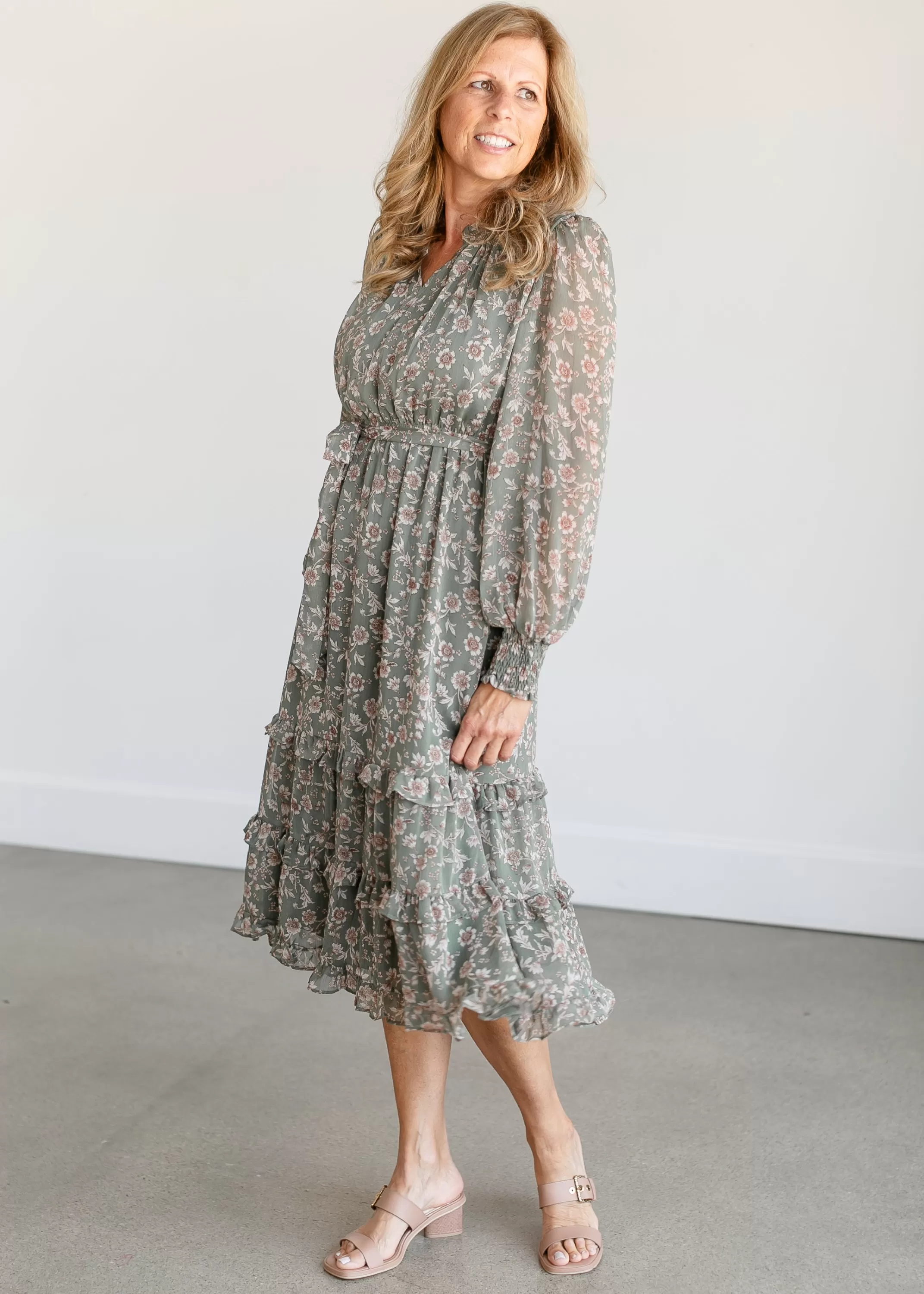Shop Belted Floral Long Sleeve Midi Dress Women Maternity Friendly