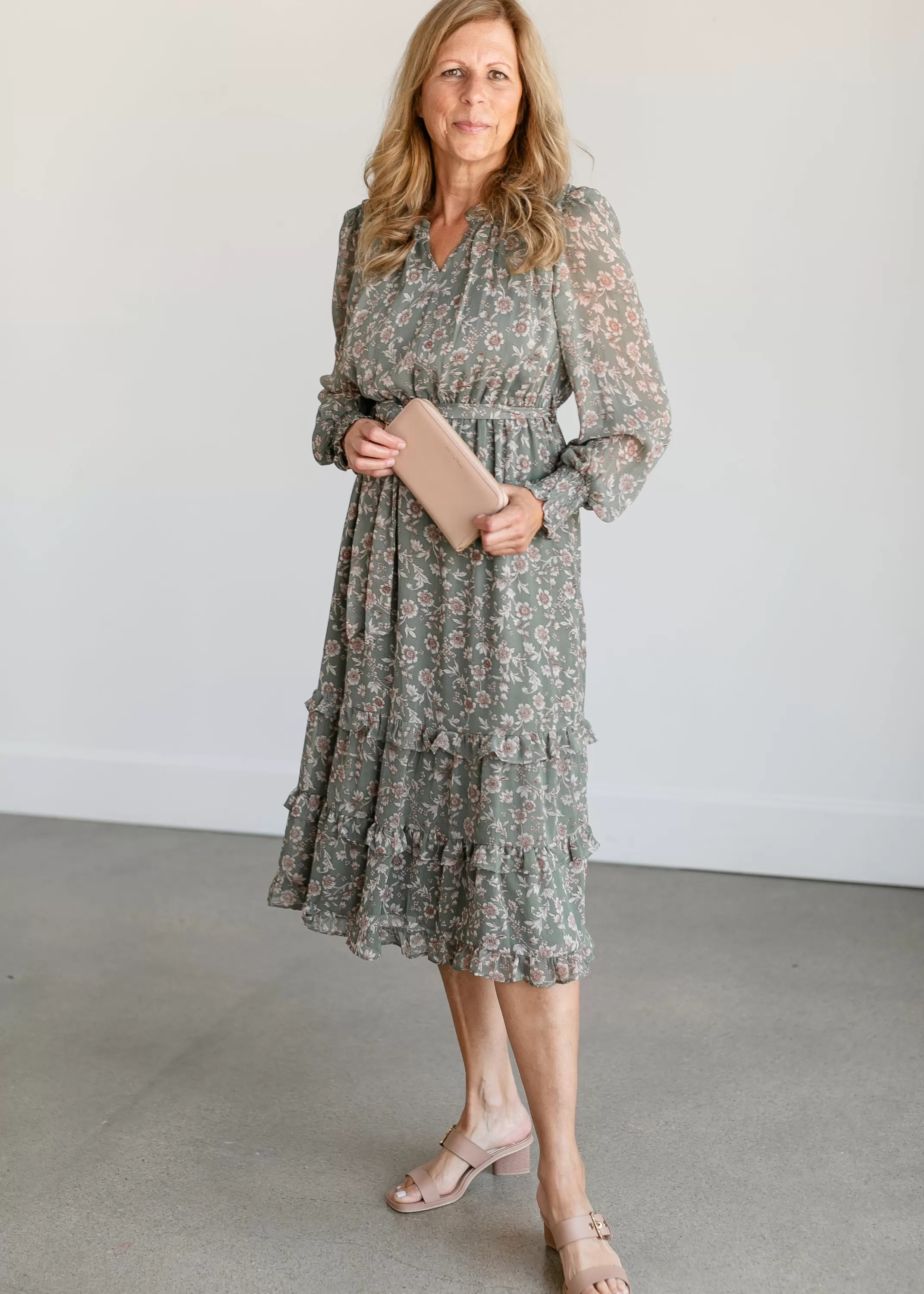 Shop Belted Floral Long Sleeve Midi Dress Women Maternity Friendly