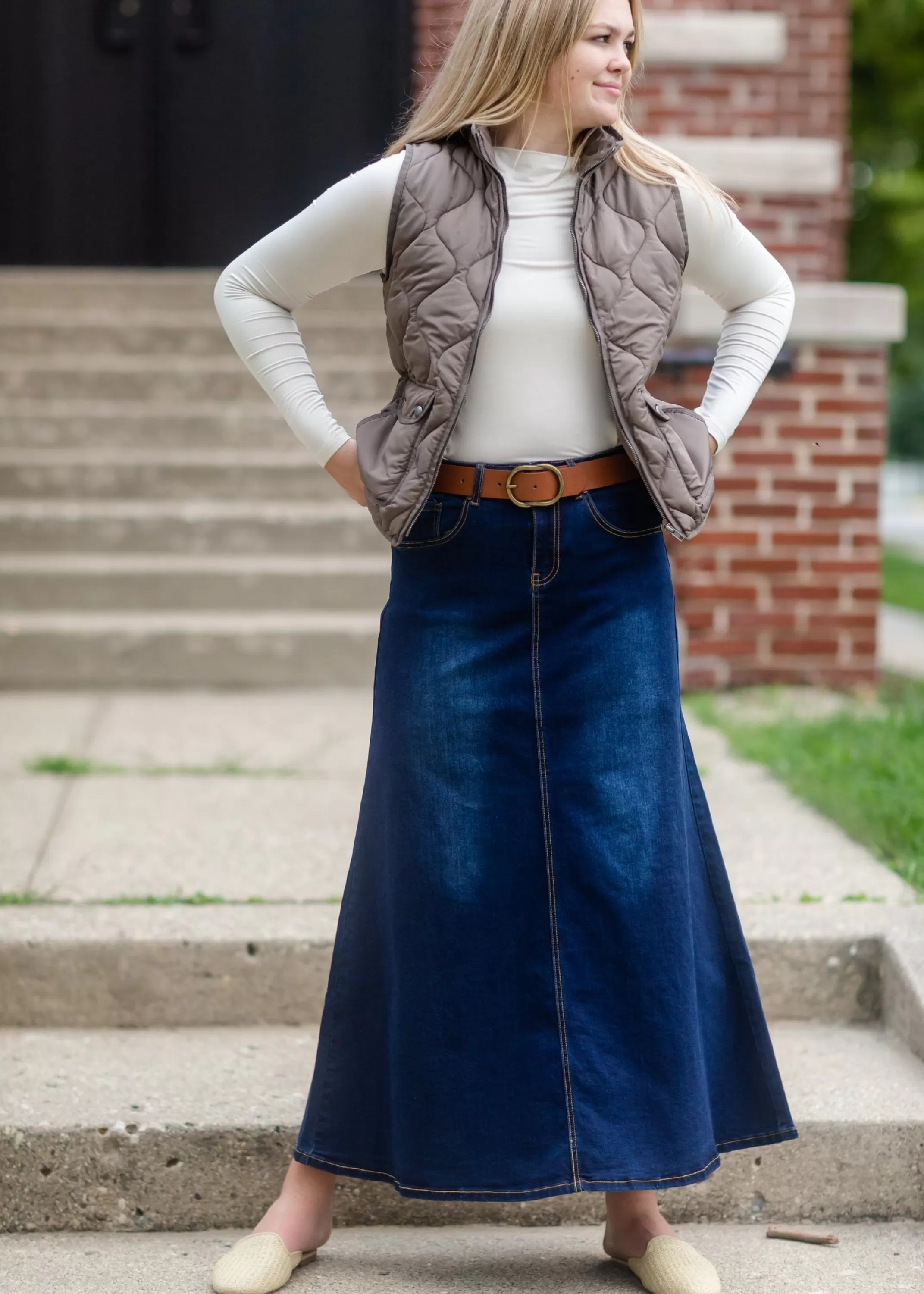 Store Bethany Dark A-Line Long Denim Skirt Women Skirts