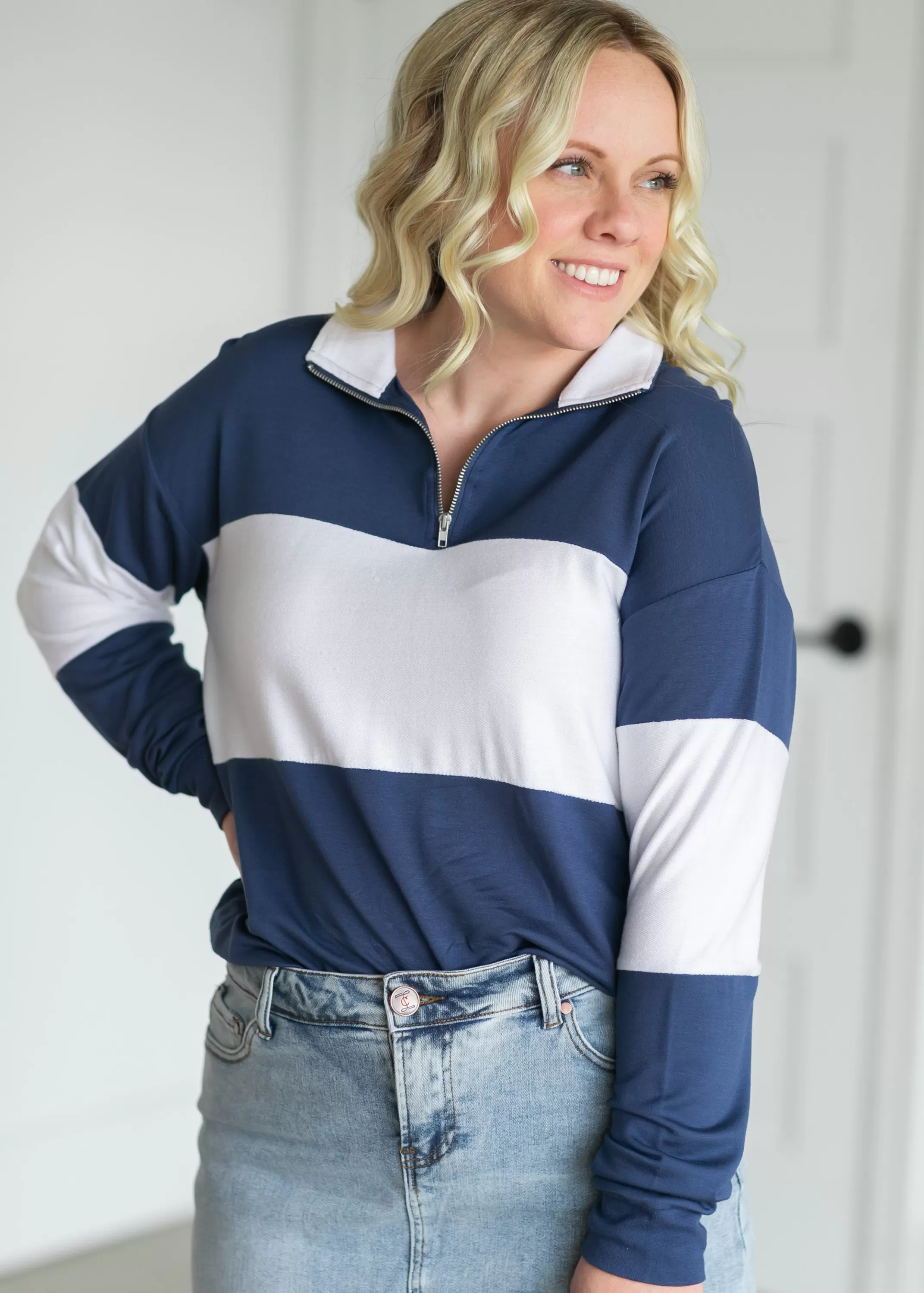 New Bexley Cobalt Stripe Quarter Zip Top Women Long Sleeve