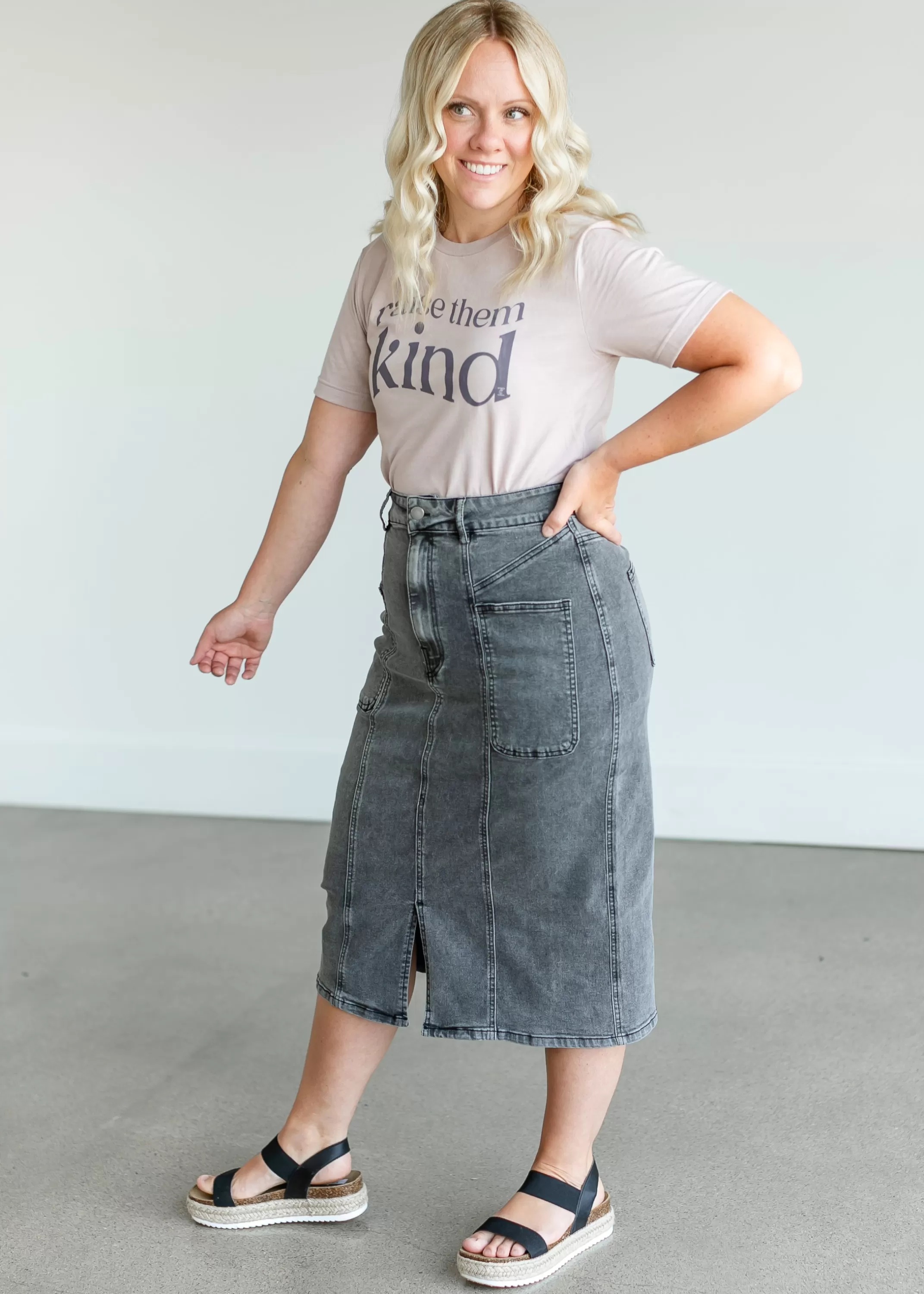 Hot Black Denim Midi Skirt Women Straight Fit