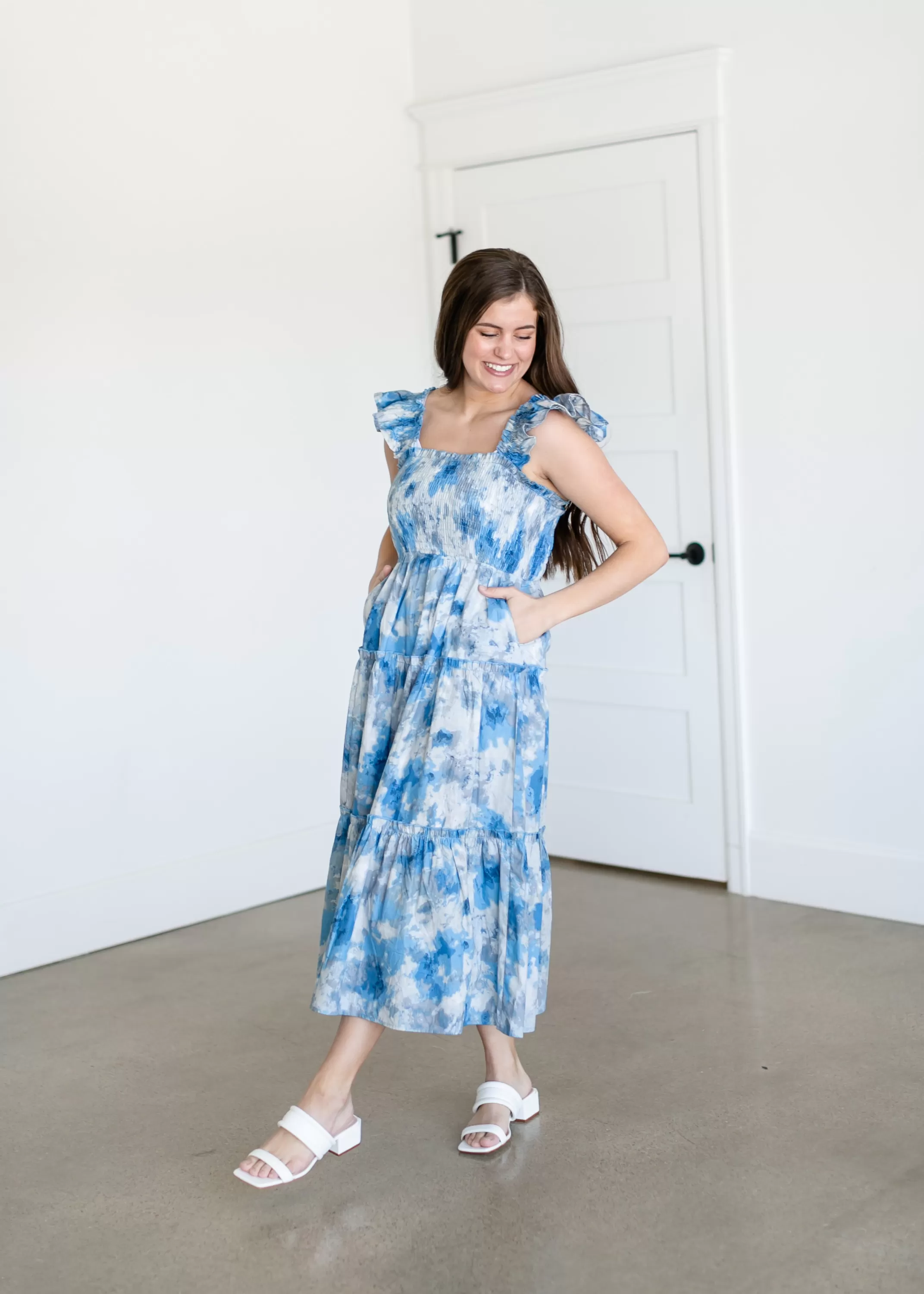 Online Blue And Gray Watercolor Midi Dress Women Teen