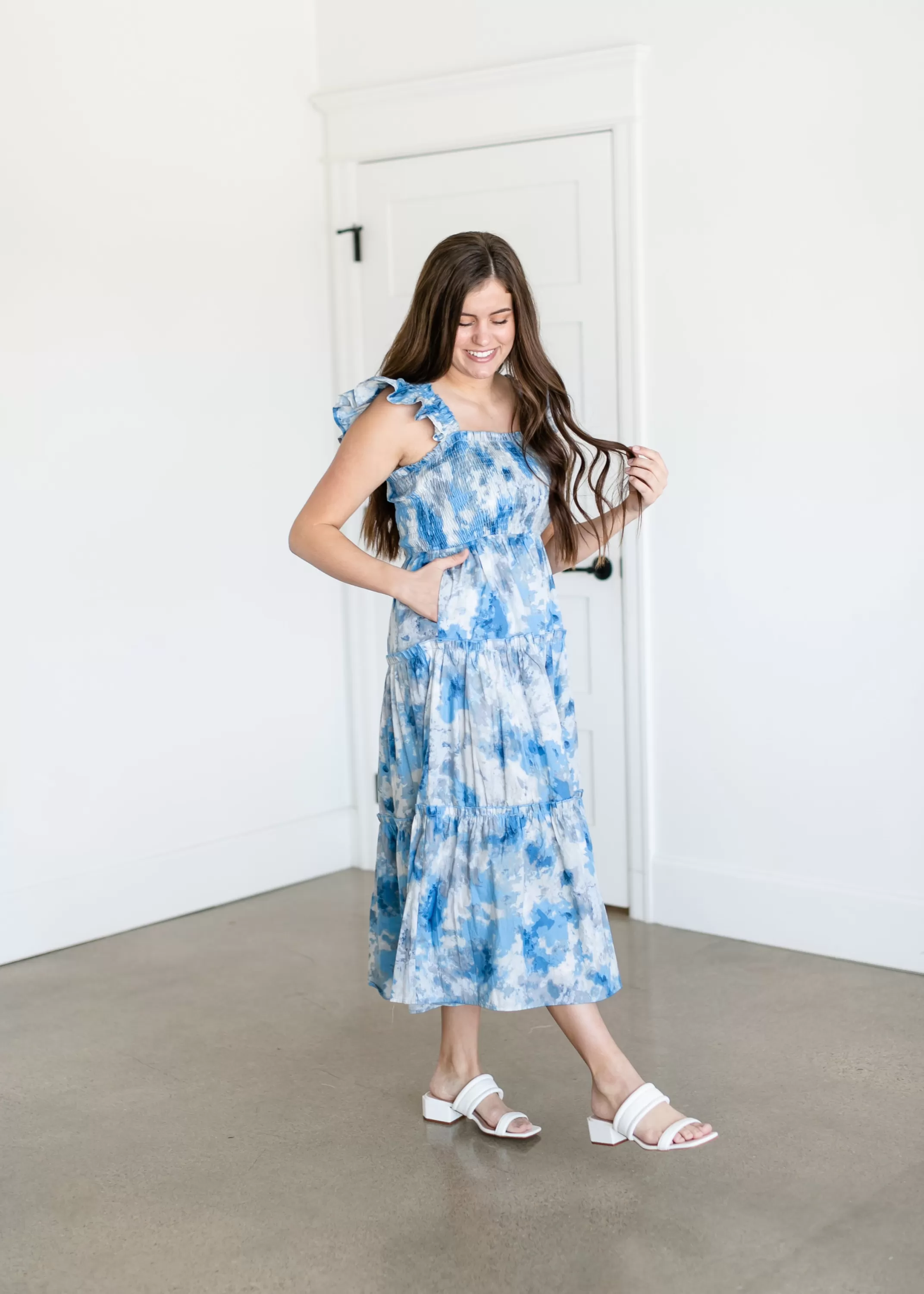 Online Blue And Gray Watercolor Midi Dress Women Teen