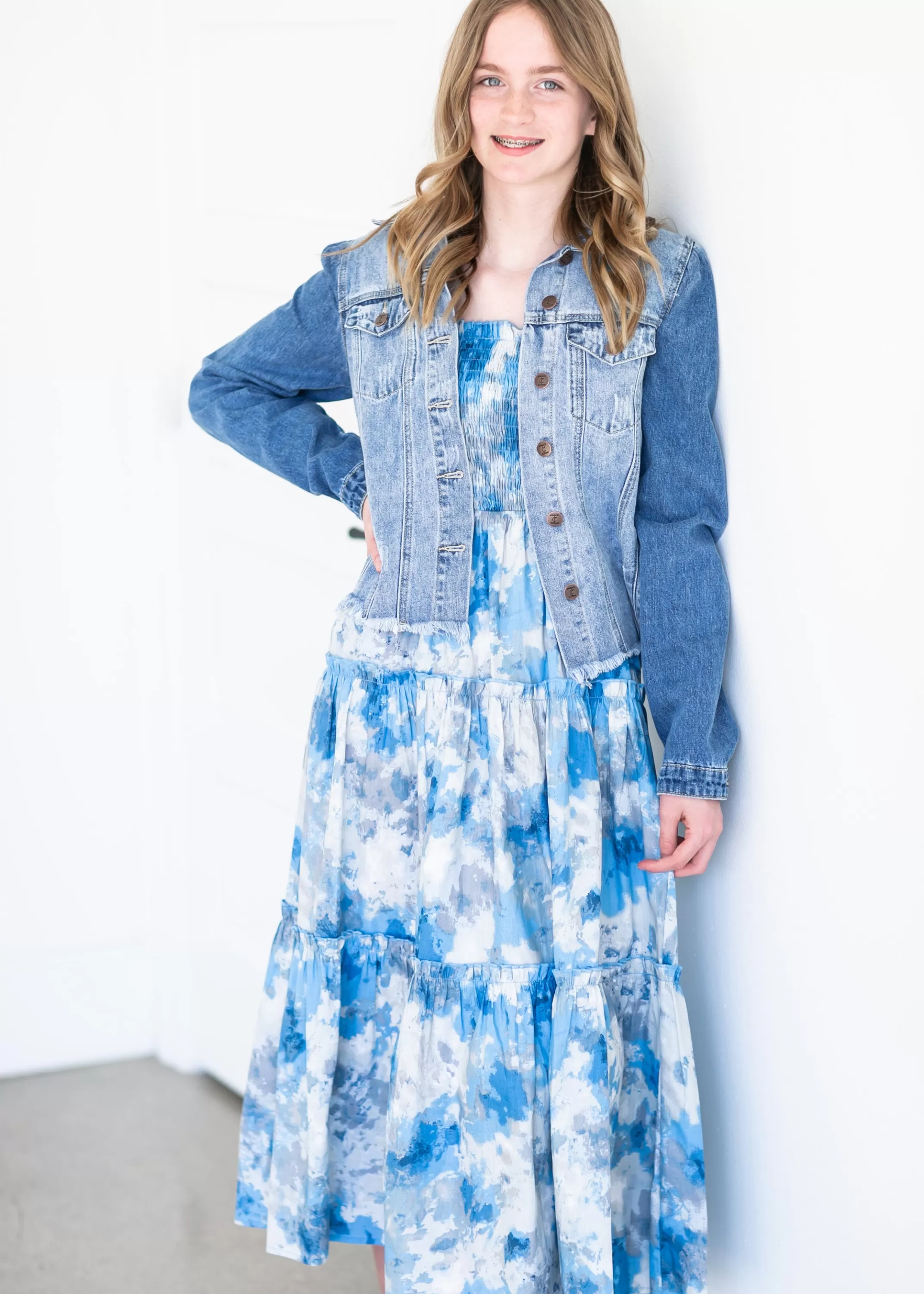 Online Blue And Gray Watercolor Midi Dress Women Teen