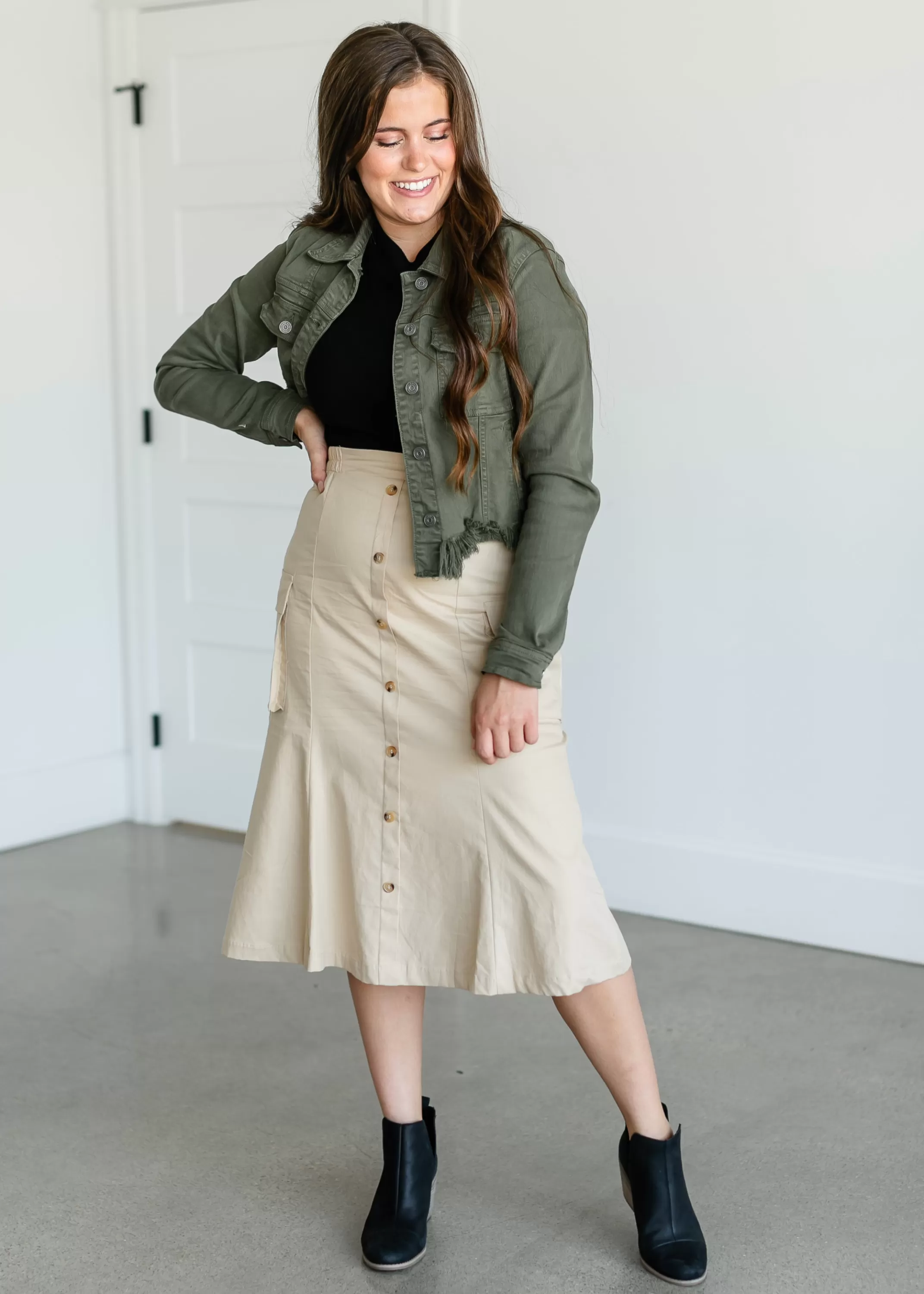 Hot Button Down Cargo Pocket Midi Skirt Women Plus Size