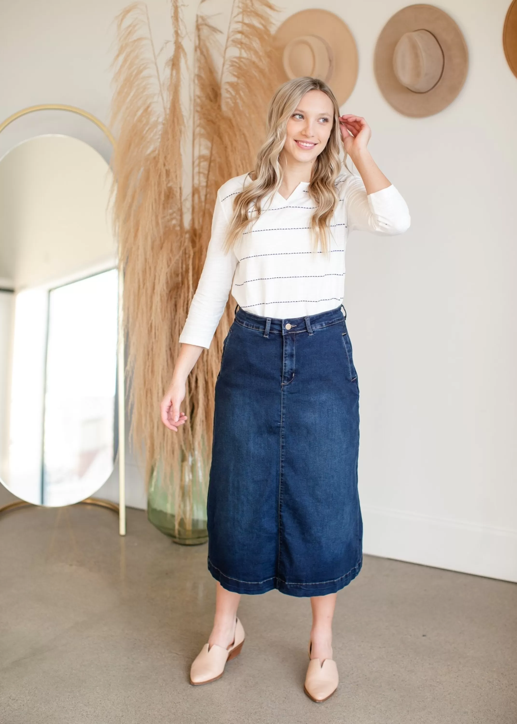 New Caren Back Snap Denim Midi Skirt Women Skirts