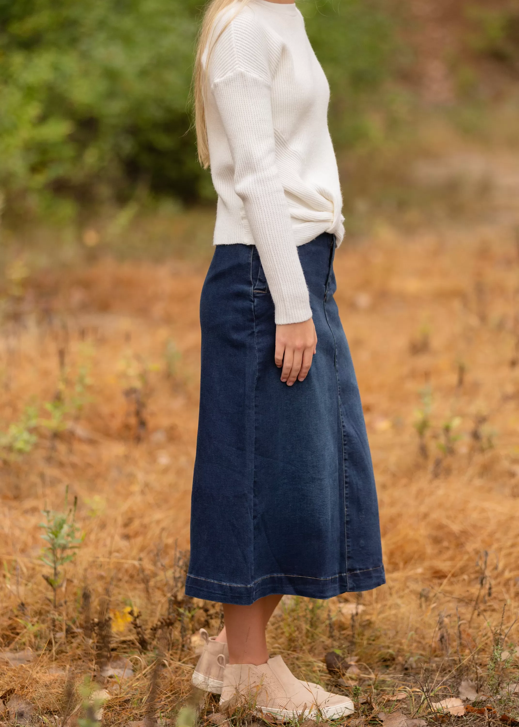 New Caren Back Snap Denim Midi Skirt Women Skirts