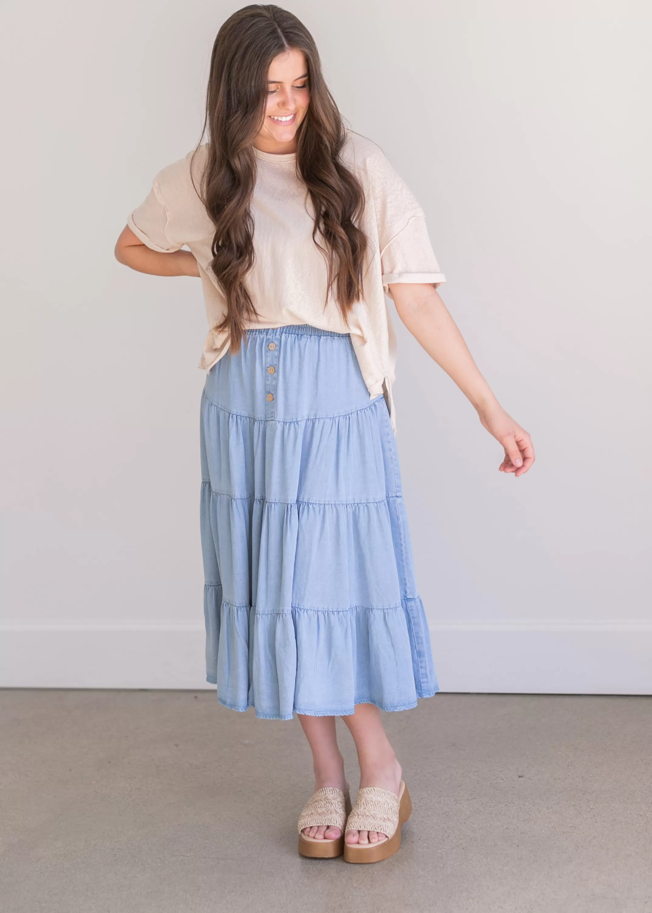 Best Chambray Tiered Maxi Skirt Women Denim