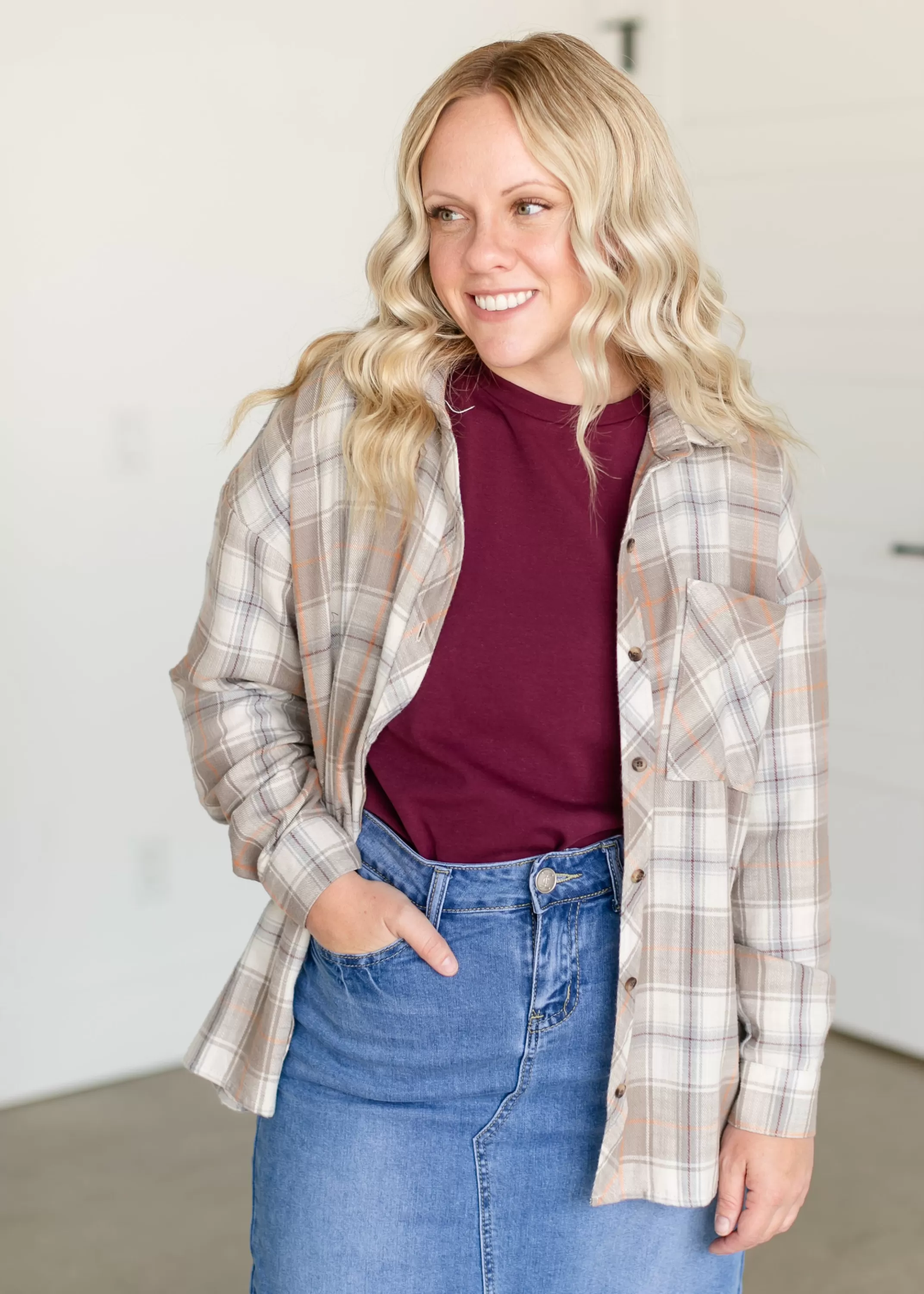 Cheap Chestnut Button Up Flannel Top Women Nursing Friendly