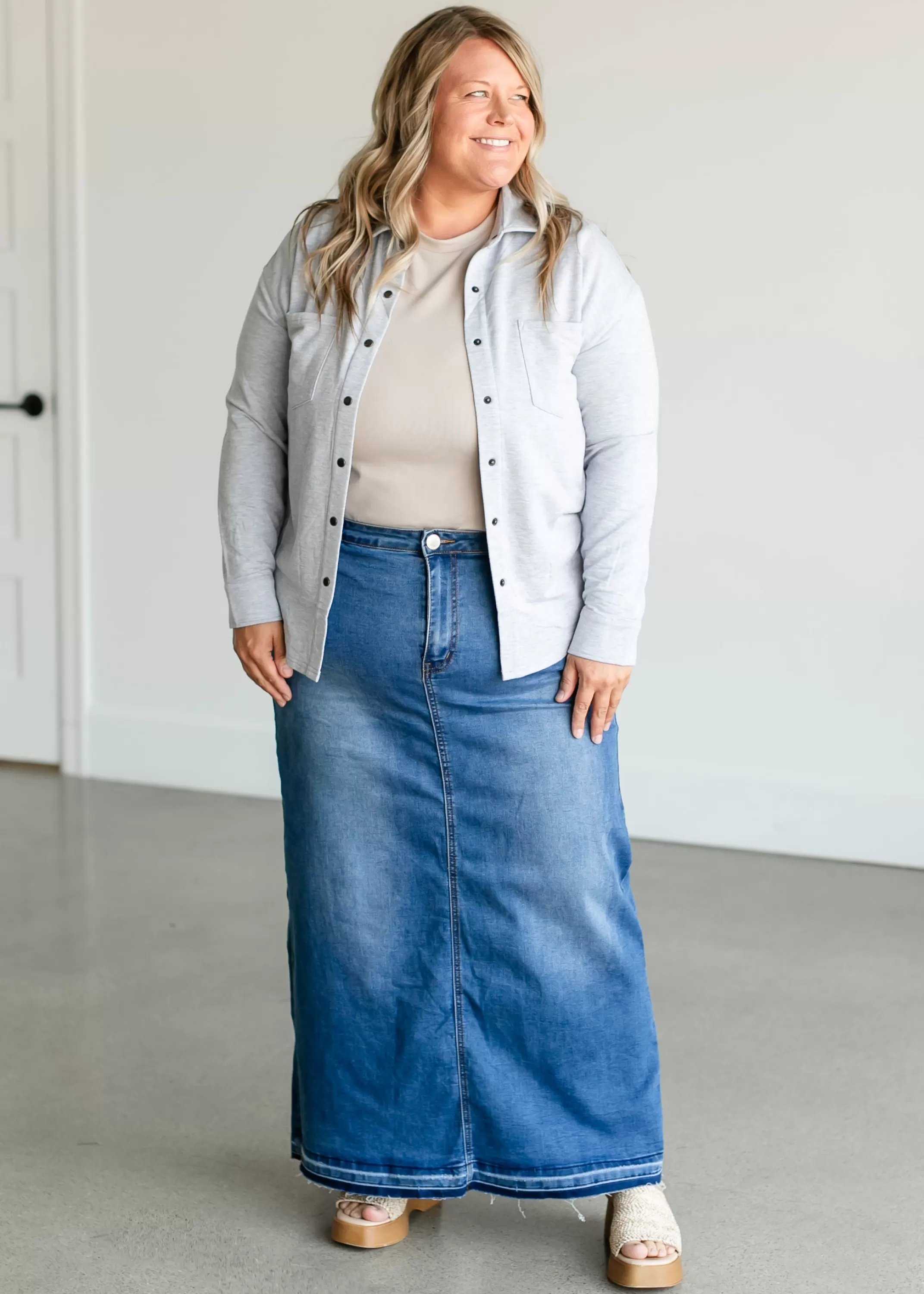 Discount Cheyenne Distressed Raw Hem Long Denim Skirt Women Plus Size