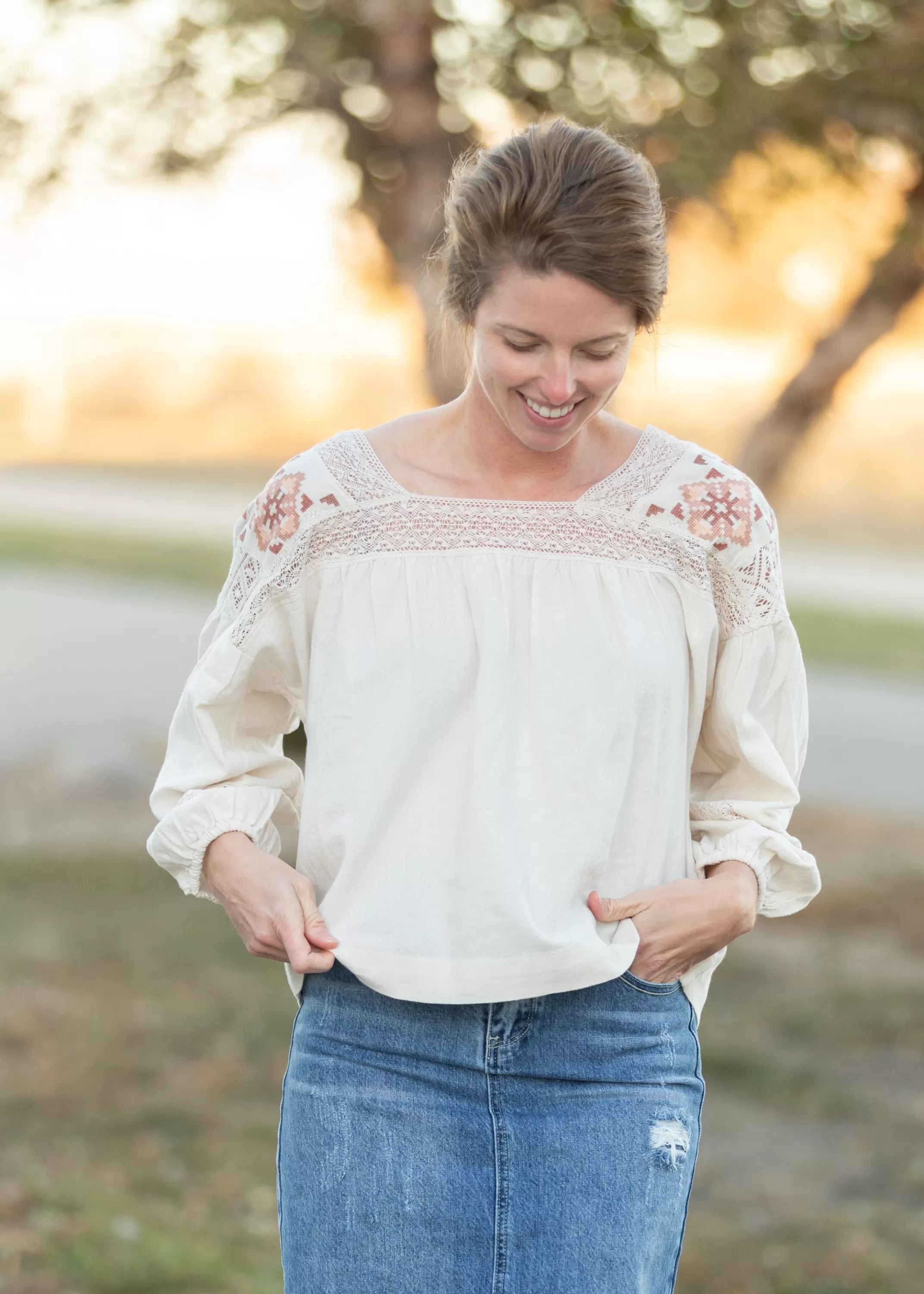 Flash Sale Cream Embroidered Shoulder Top Women Long Sleeve