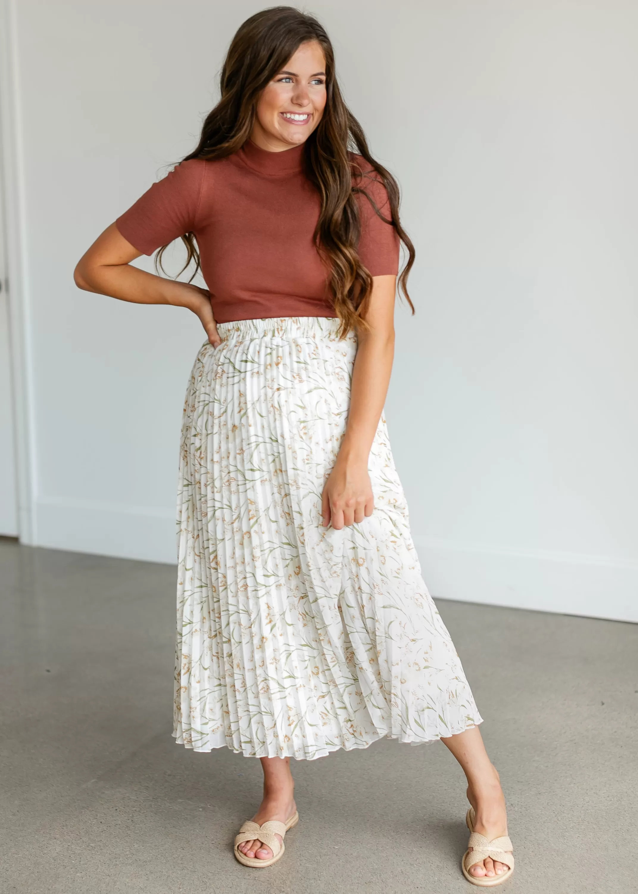 Hot Cream Floral Pleated Maxi Skirt Women Maternity Friendly