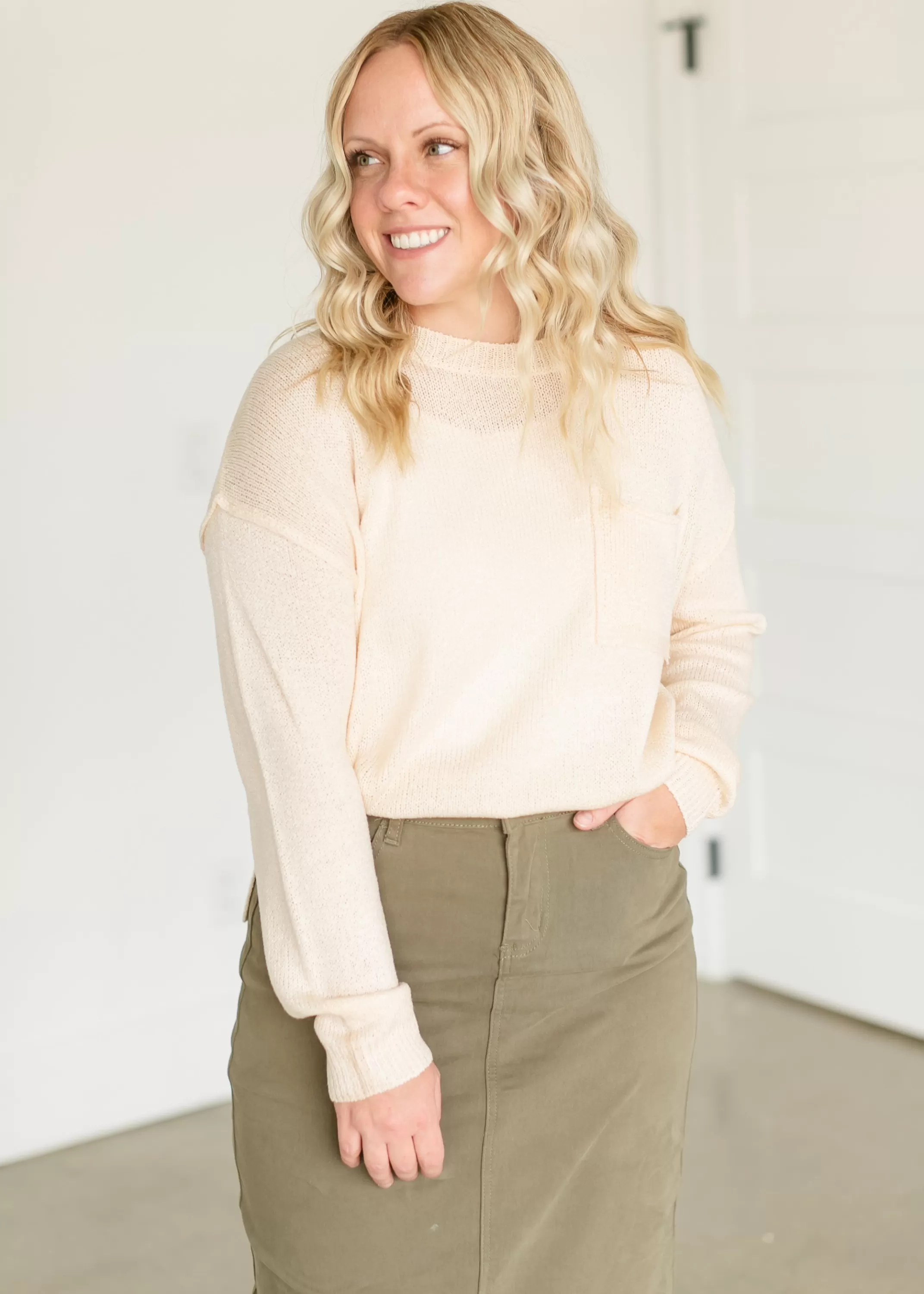Shop Crewneck Drop Shoulder Sweater Women Long Sleeve