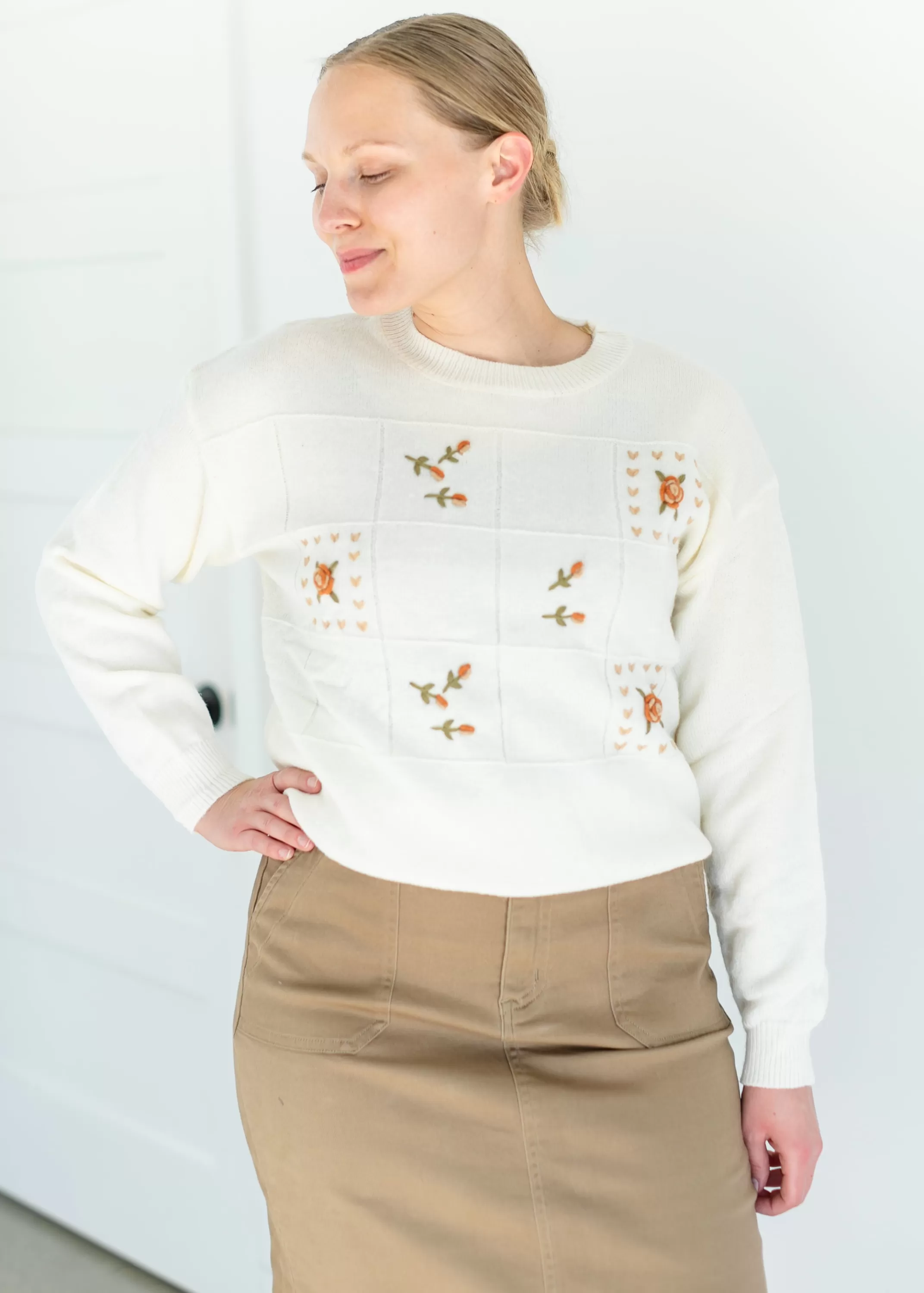 Flash Sale Crewneck Floral Windowpane Sweater Women Plus Size