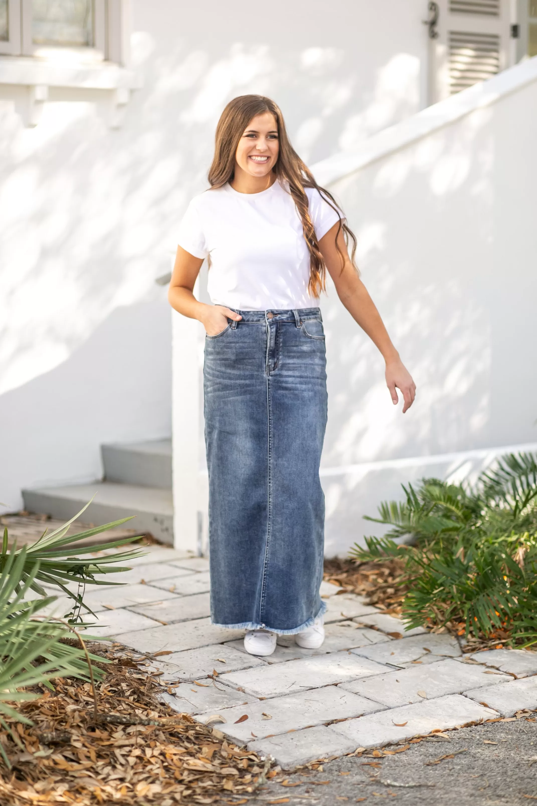 Clearance Dakotah Raw Hem Long Denim Skirt Women Plus Size