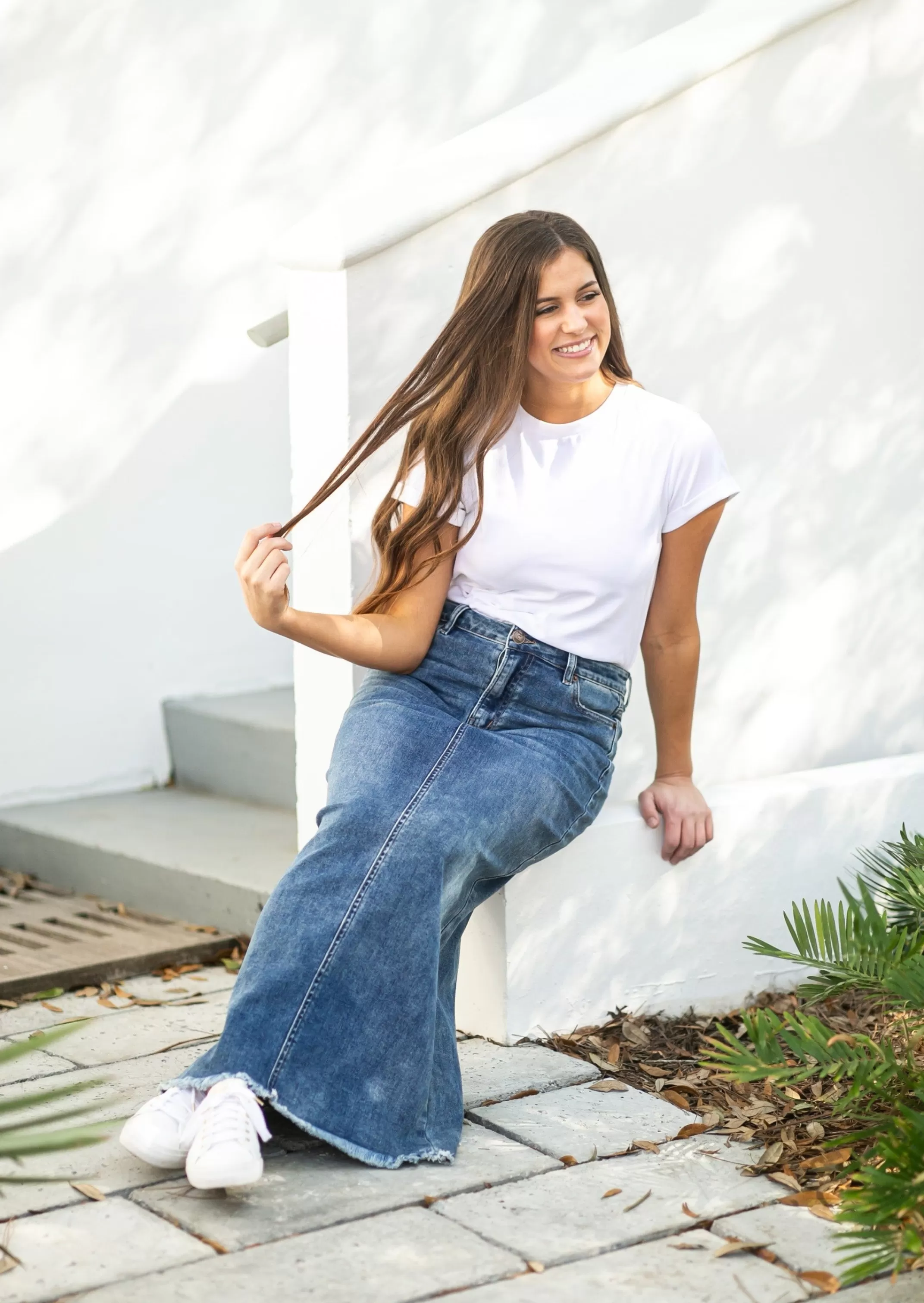 Clearance Dakotah Raw Hem Long Denim Skirt Women Plus Size