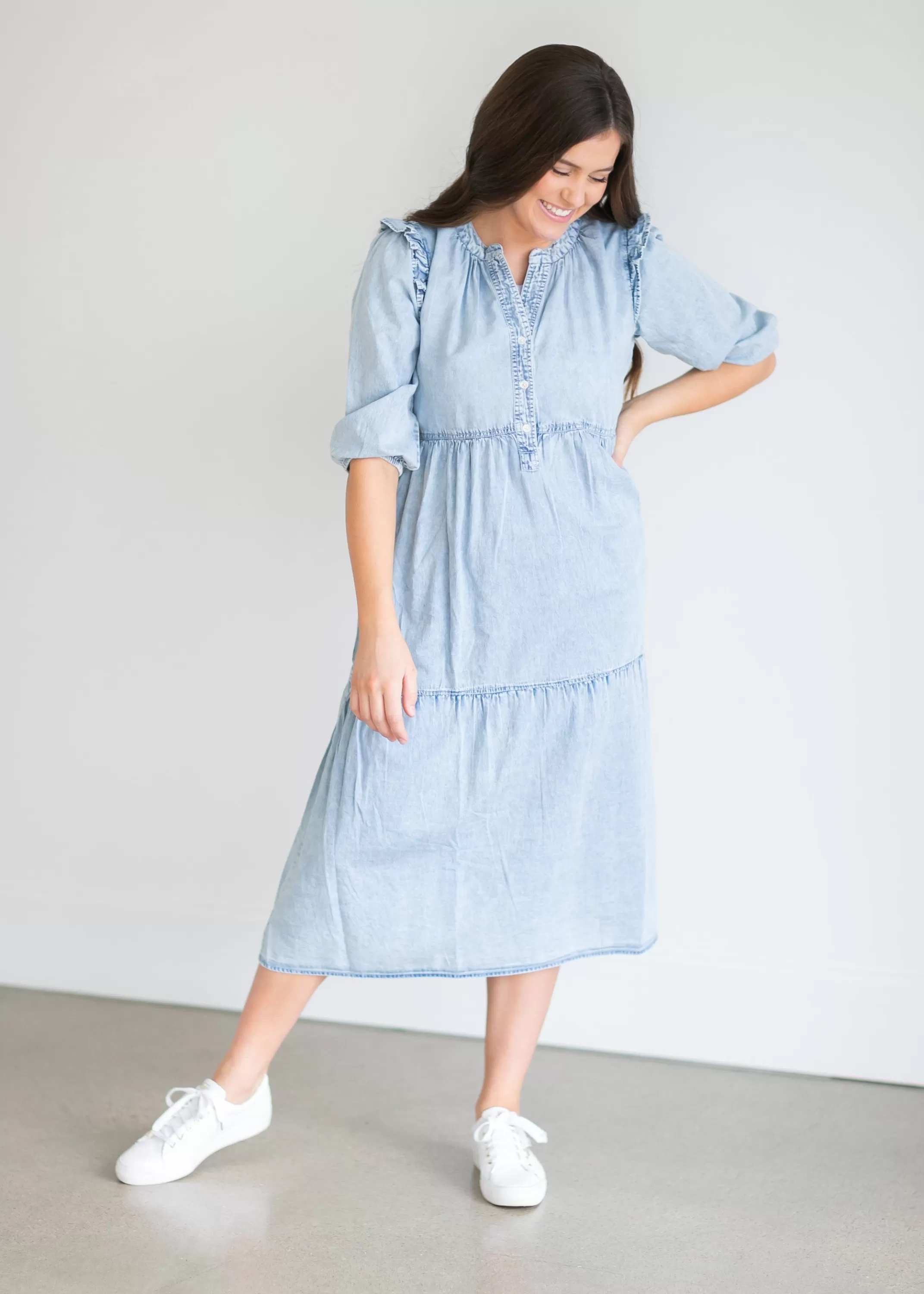 Best Sale Denim 3/4 Sleeve Tiered Midi Dress Women Nursing Friendly