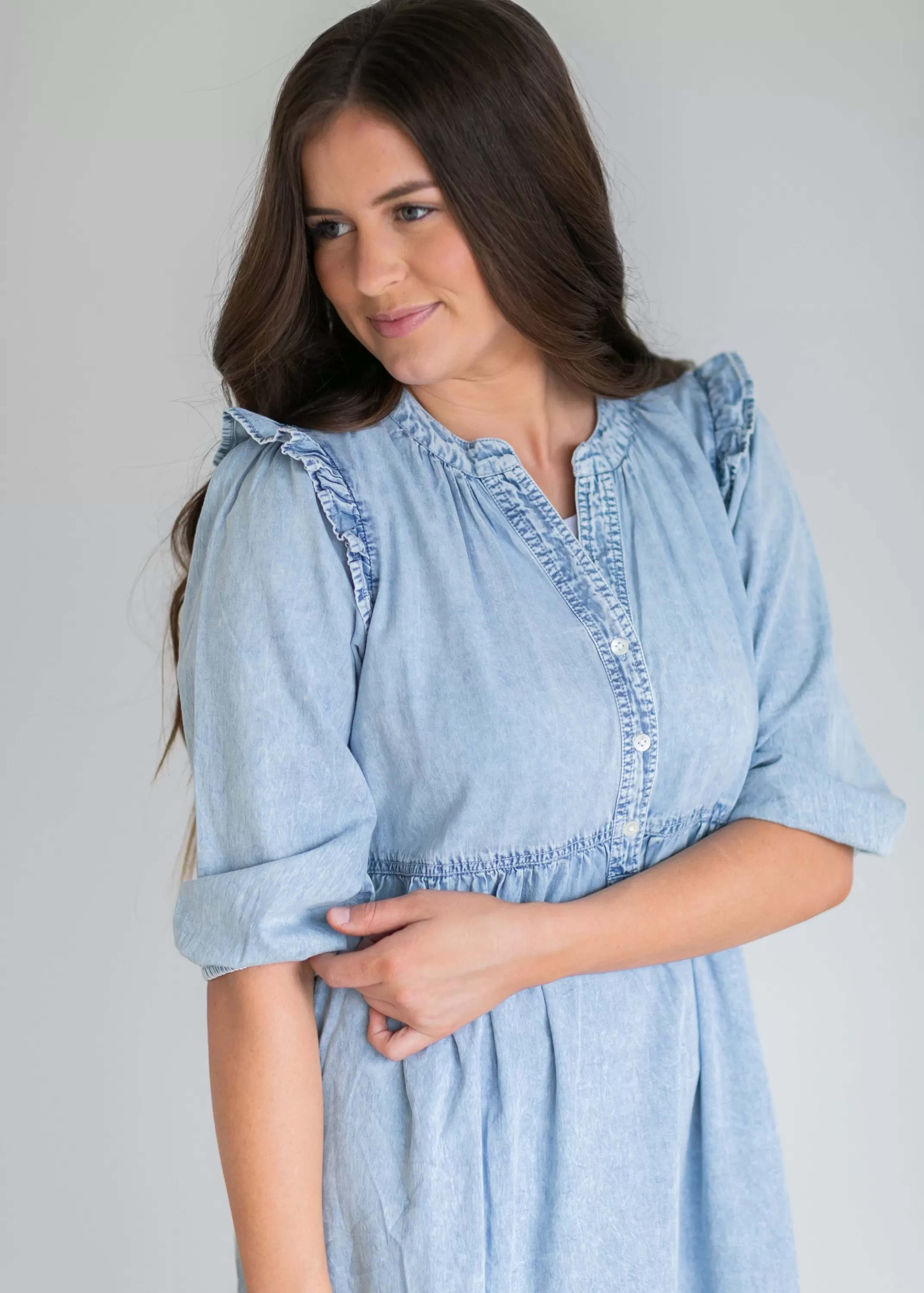 Best Sale Denim 3/4 Sleeve Tiered Midi Dress Women Nursing Friendly