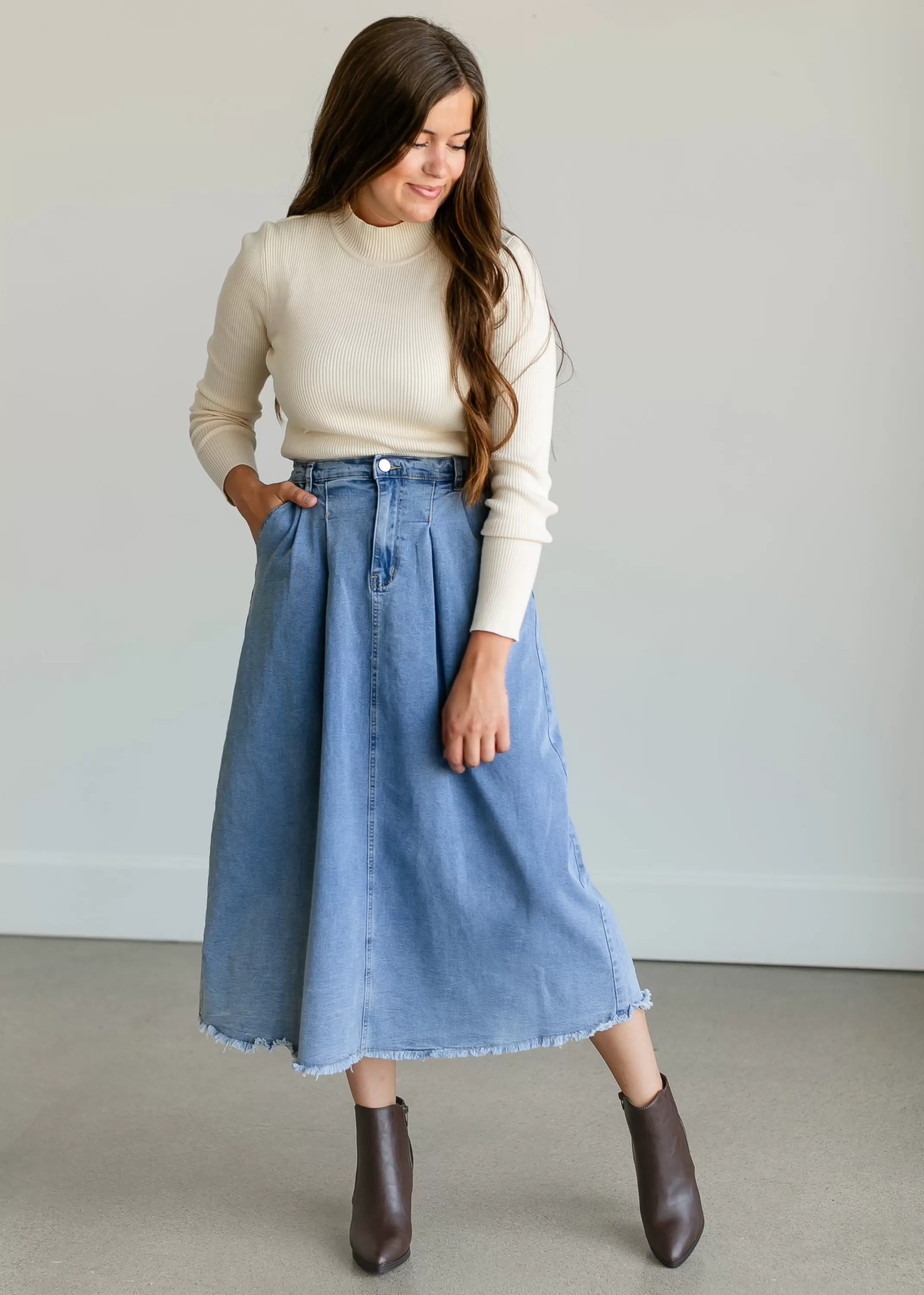 New Denim A-Line Raw Hem Maxi Skirt Women Denim