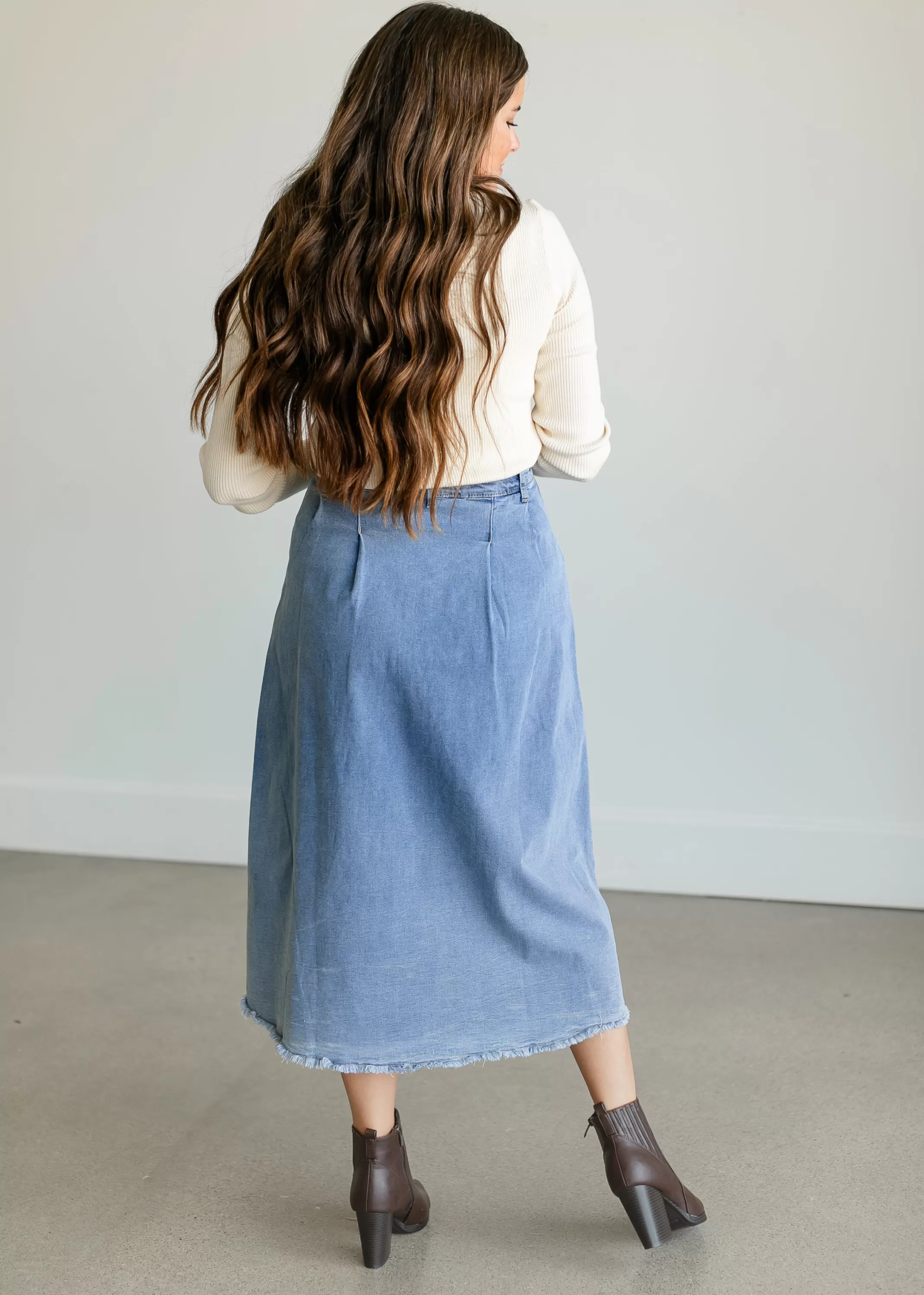 New Denim A-Line Raw Hem Maxi Skirt Women Denim