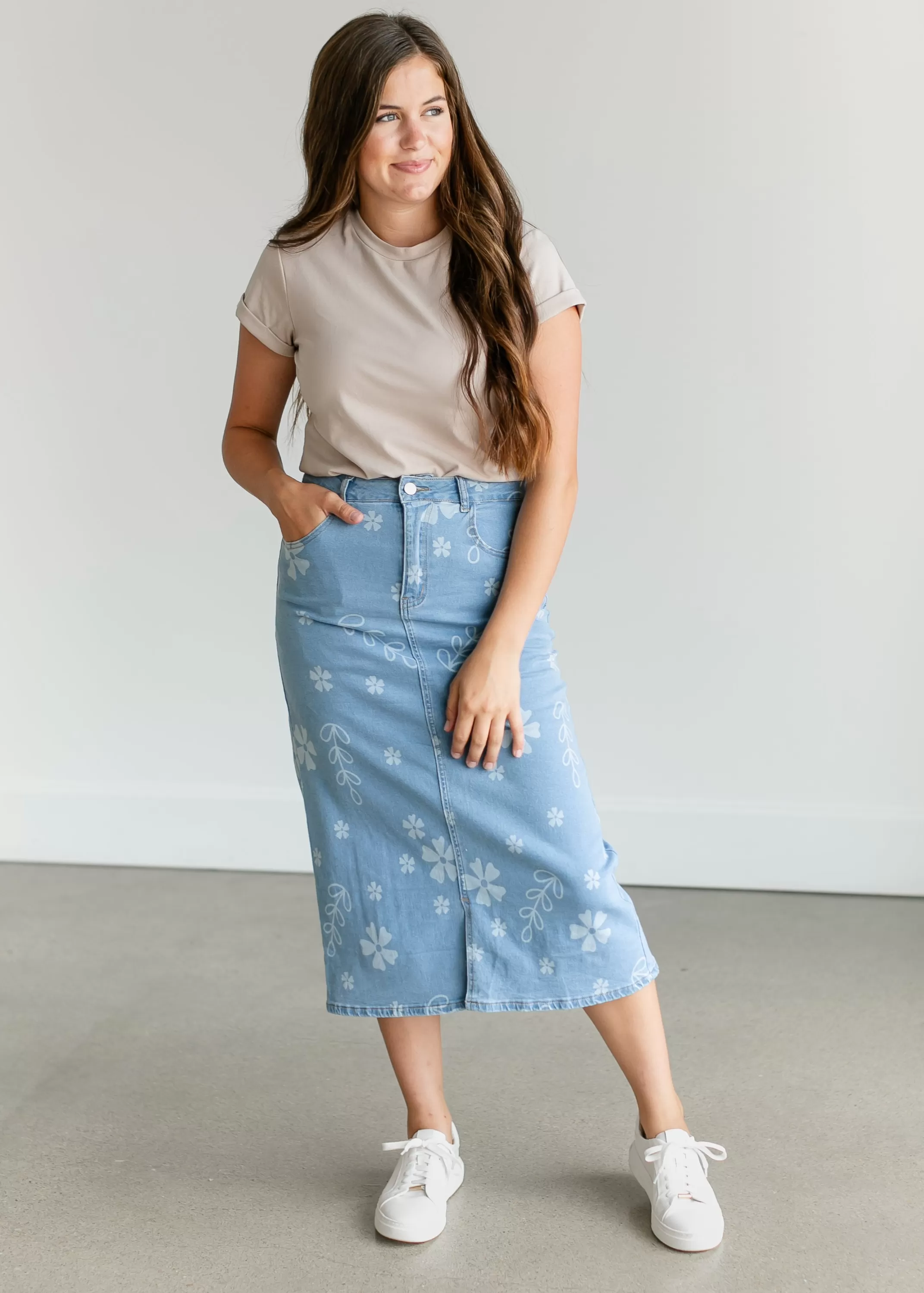 Hot Denim Floral Midi Skirt Women Straight Fit