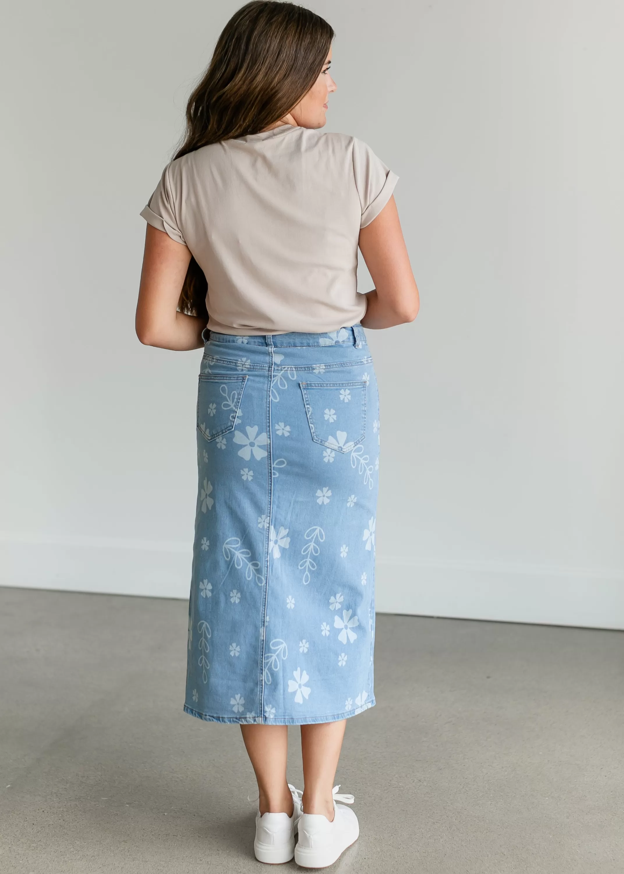 Hot Denim Floral Midi Skirt Women Straight Fit