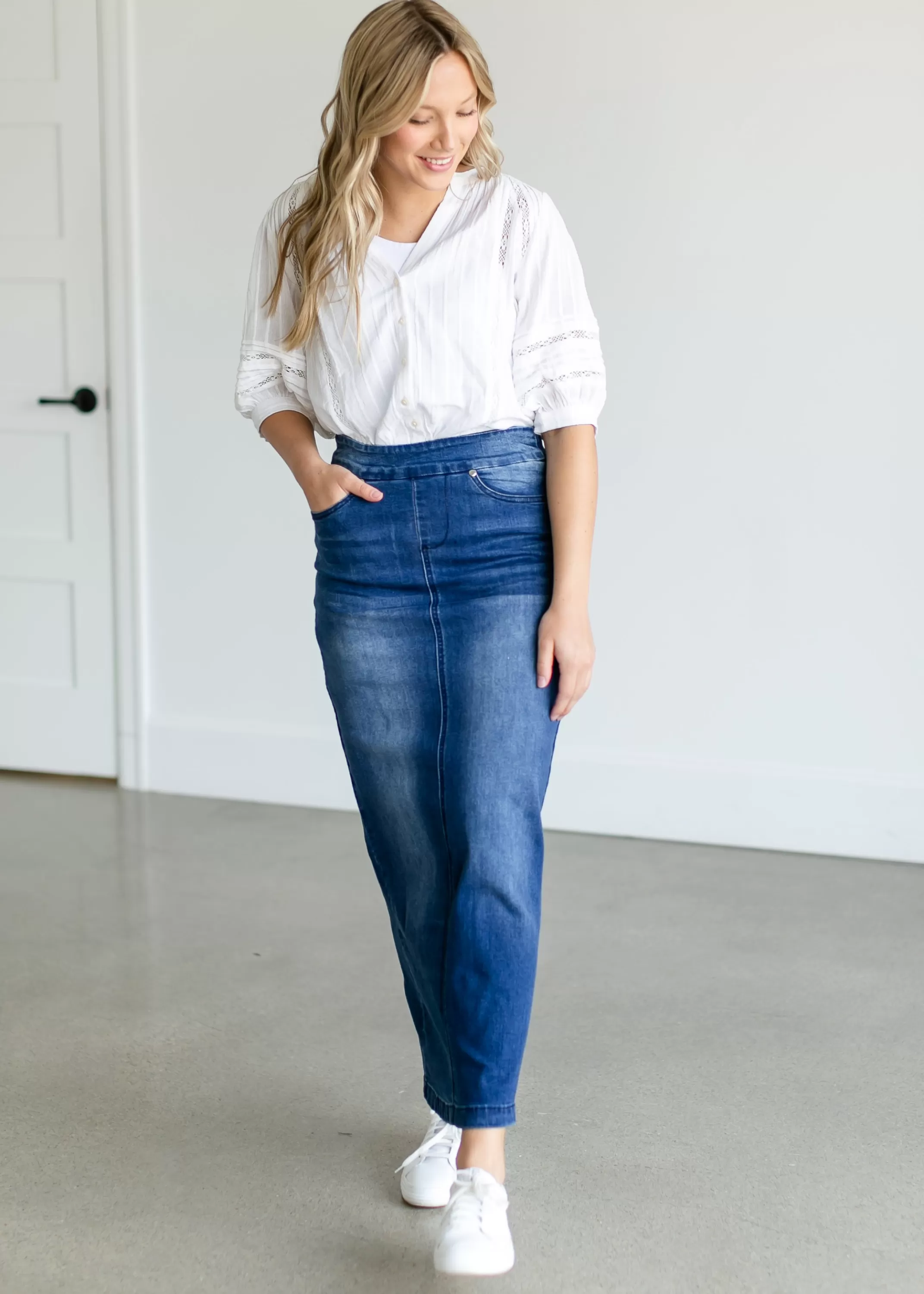 New Donna Medium Wash Long Denim Skirt Women Plus Size