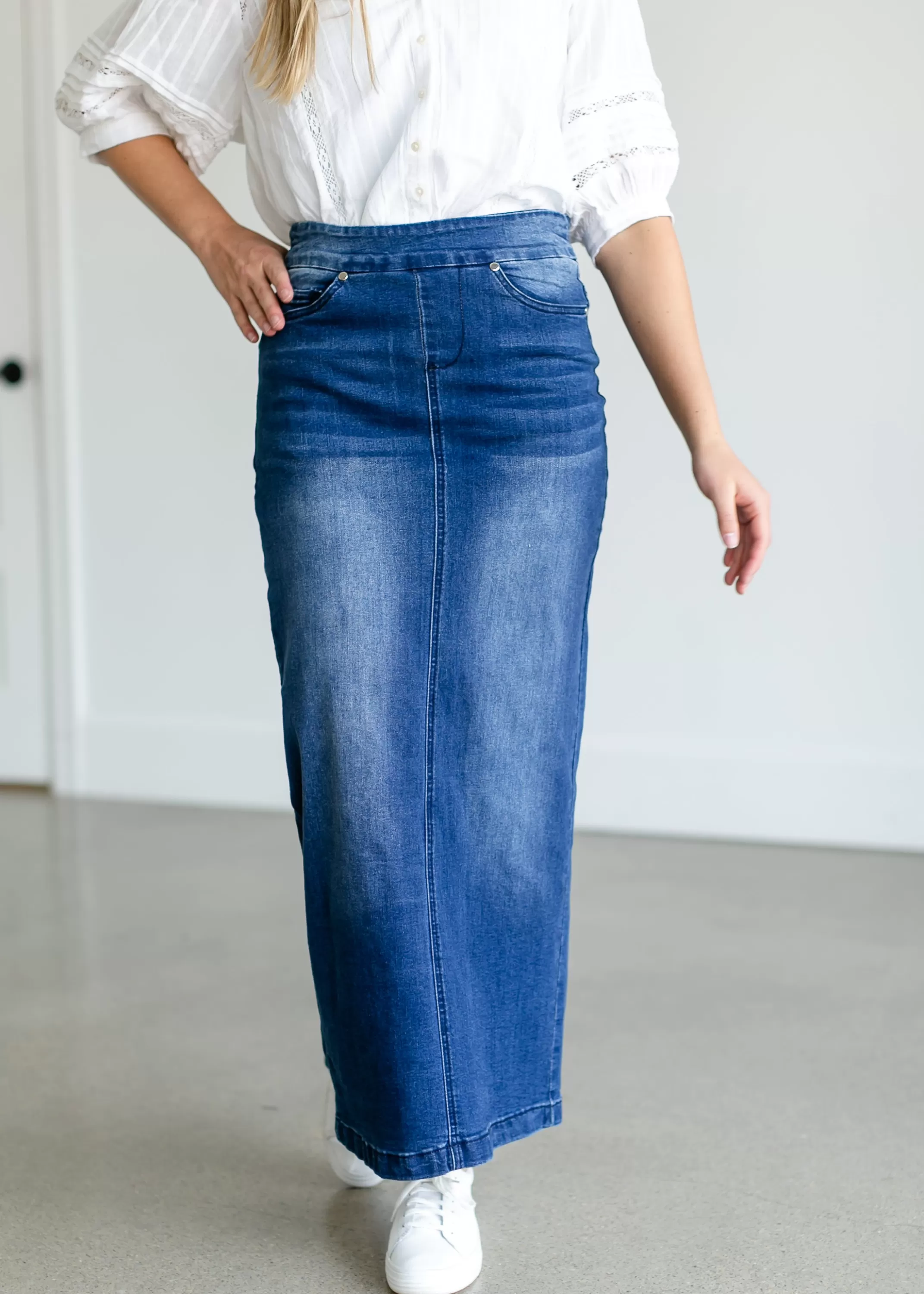 New Donna Medium Wash Long Denim Skirt Women Plus Size
