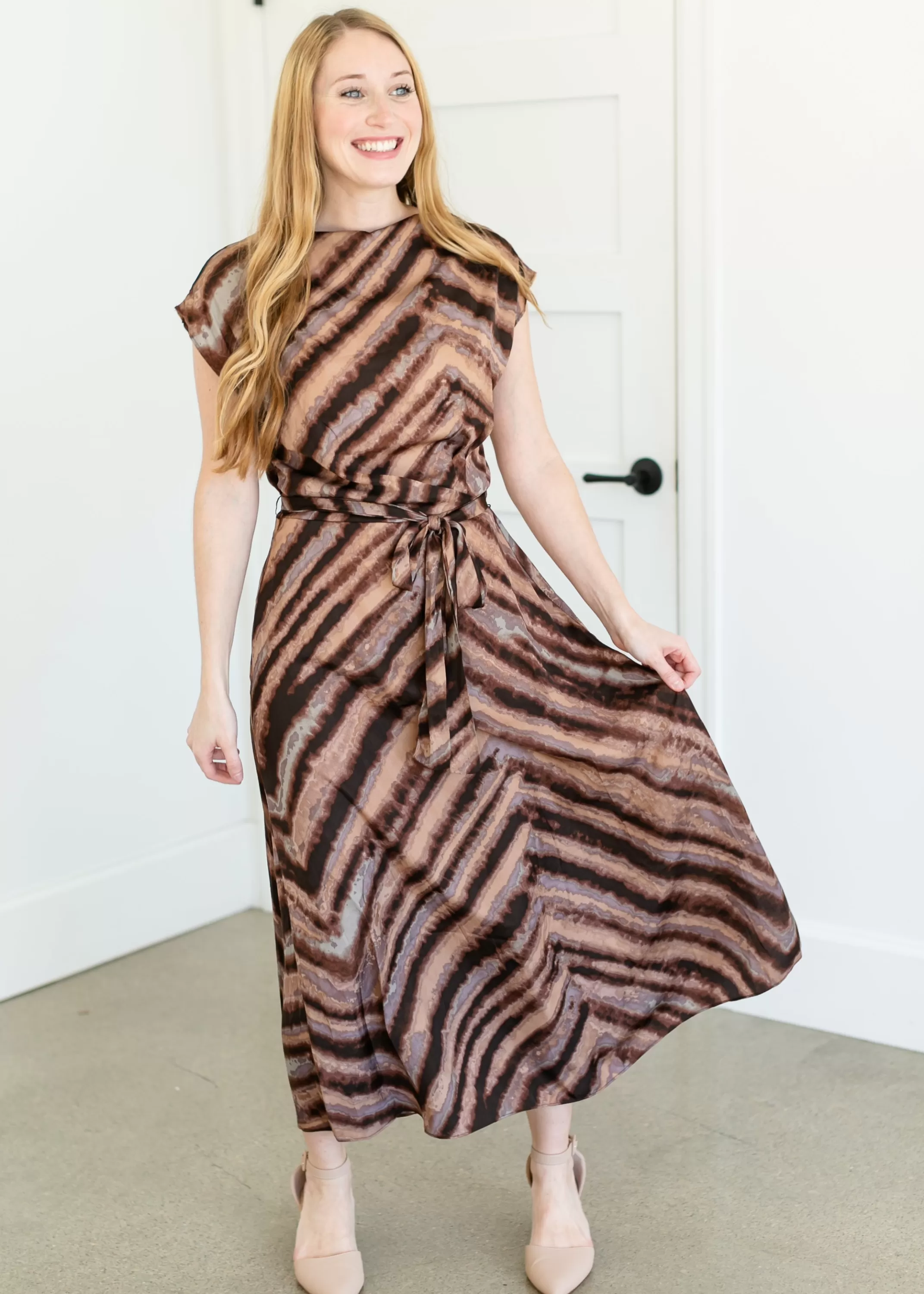 Sale Draped Front Satin Print Midi Dress Women Maternity Friendly