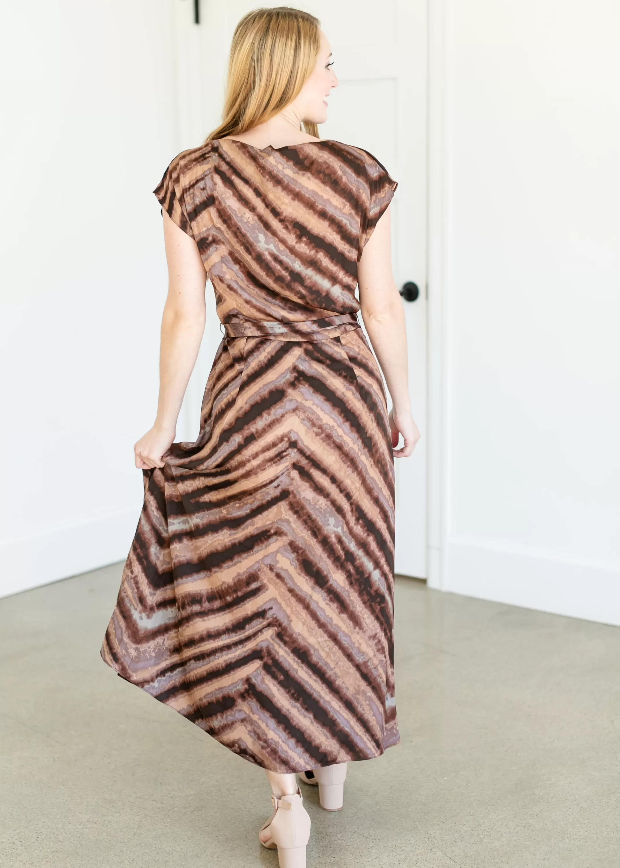 Sale Draped Front Satin Print Midi Dress Women Maternity Friendly