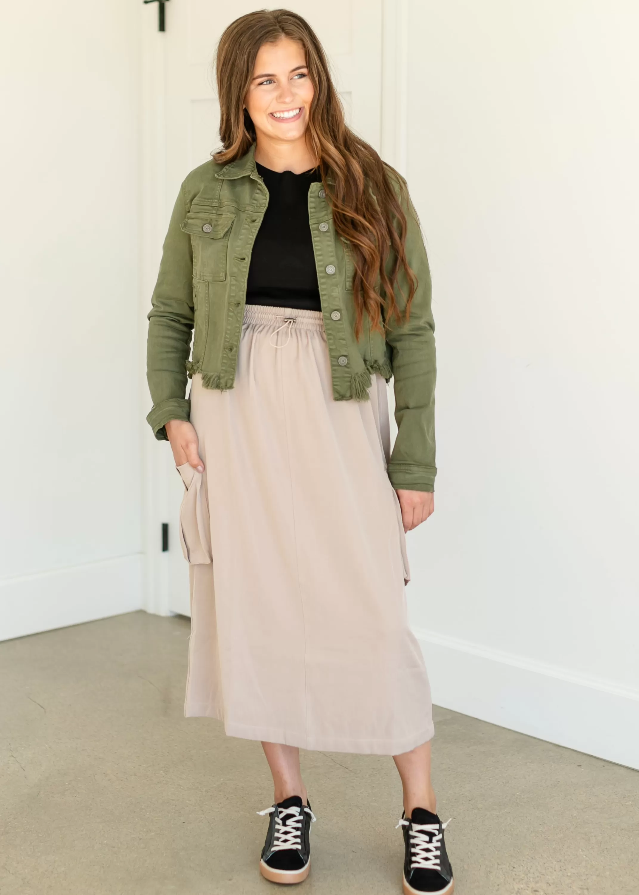 Sale Drawstring Waist Cargo Midi Skirt Women Maternity Friendly