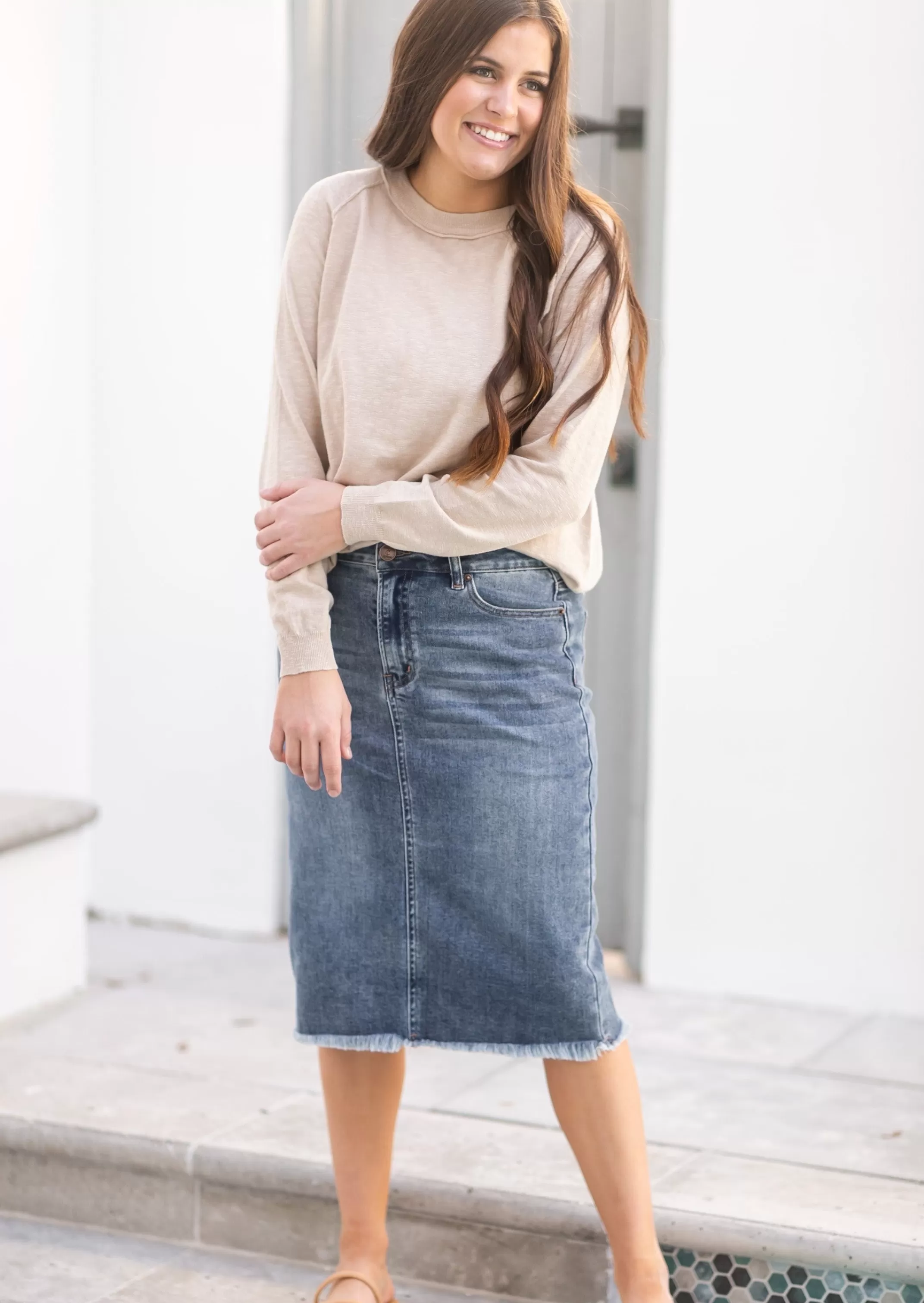 Outlet Drew Raw Hem Midi Denim Skirt Women Plus Size