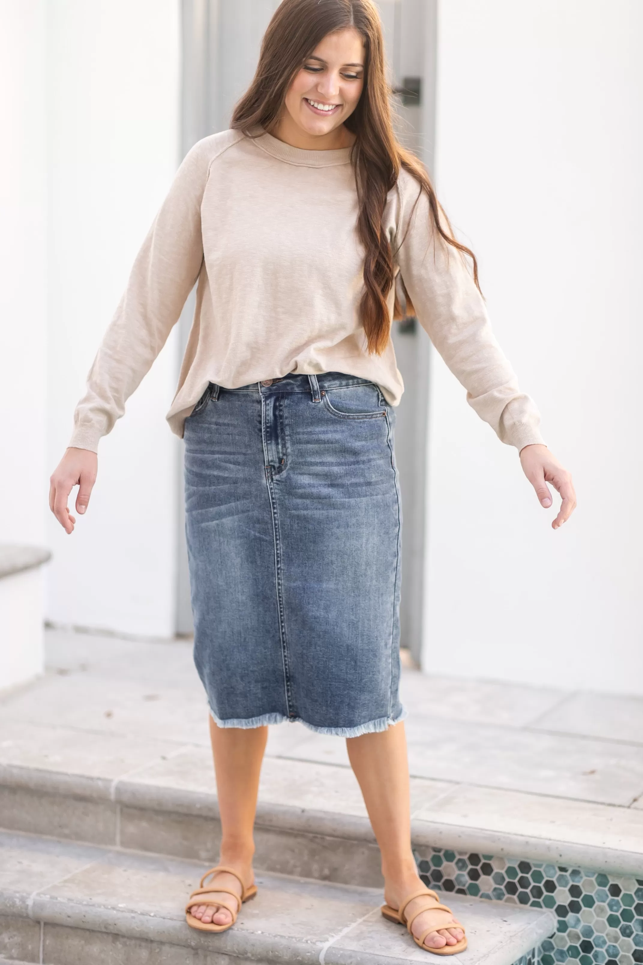 Outlet Drew Raw Hem Midi Denim Skirt Women Plus Size