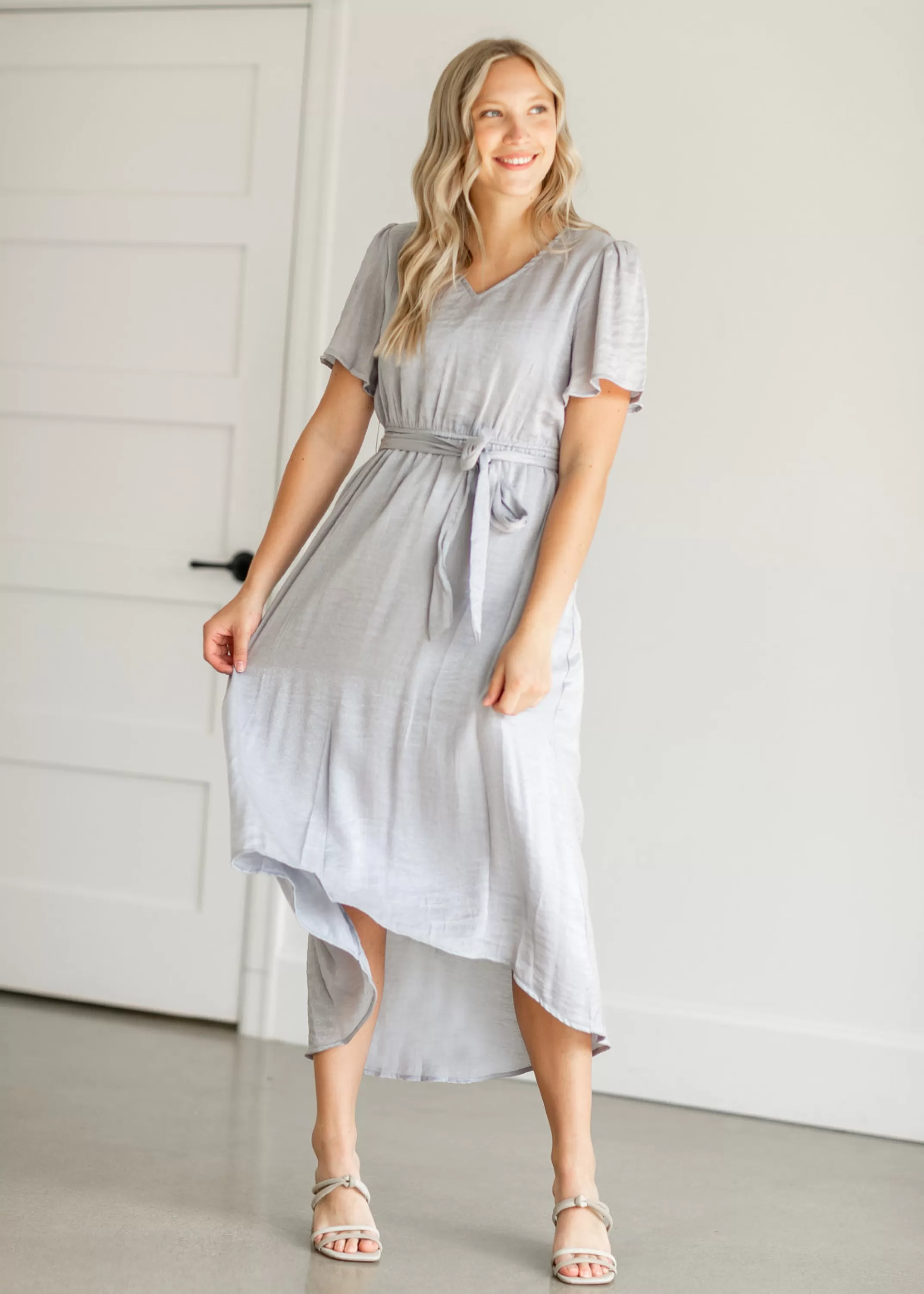 Fashion Dusty Blue High Low Midi Dress Women Maternity Friendly