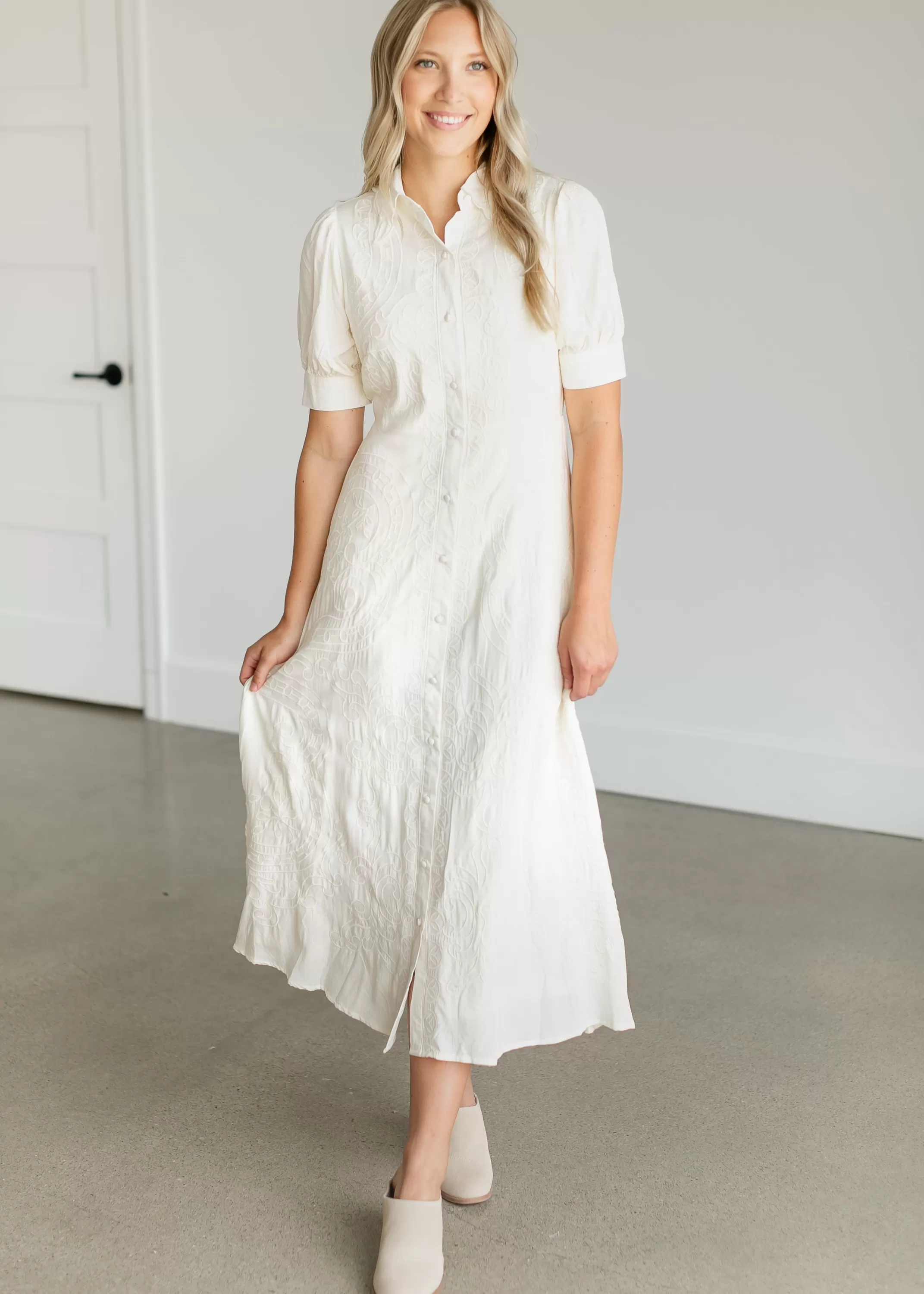Hot Embroidered Button Up Maxi Shirtdress Women Nursing Friendly