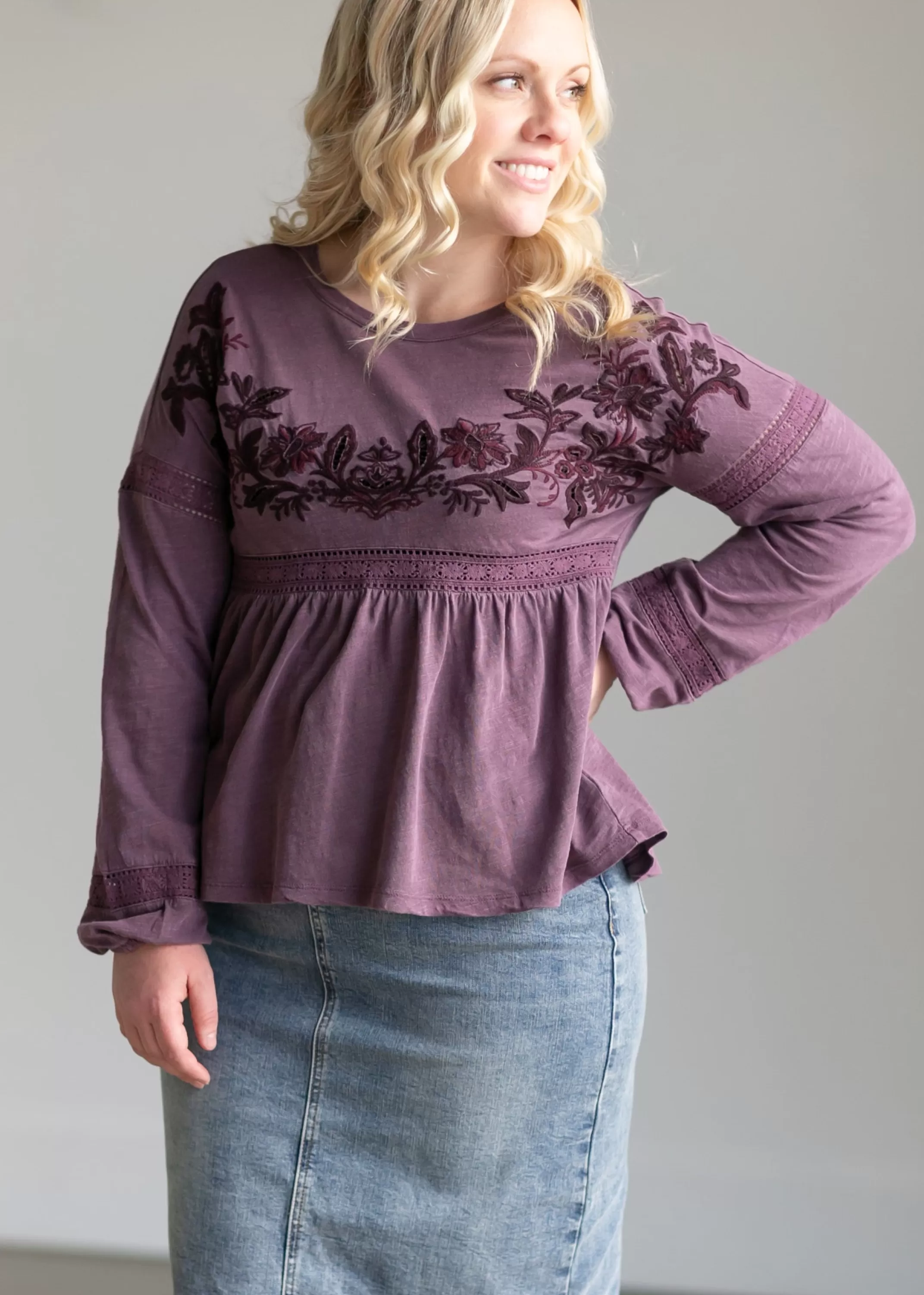 Sale Embroidered Long Sleeve Babydoll Top Women Maternity Friendly