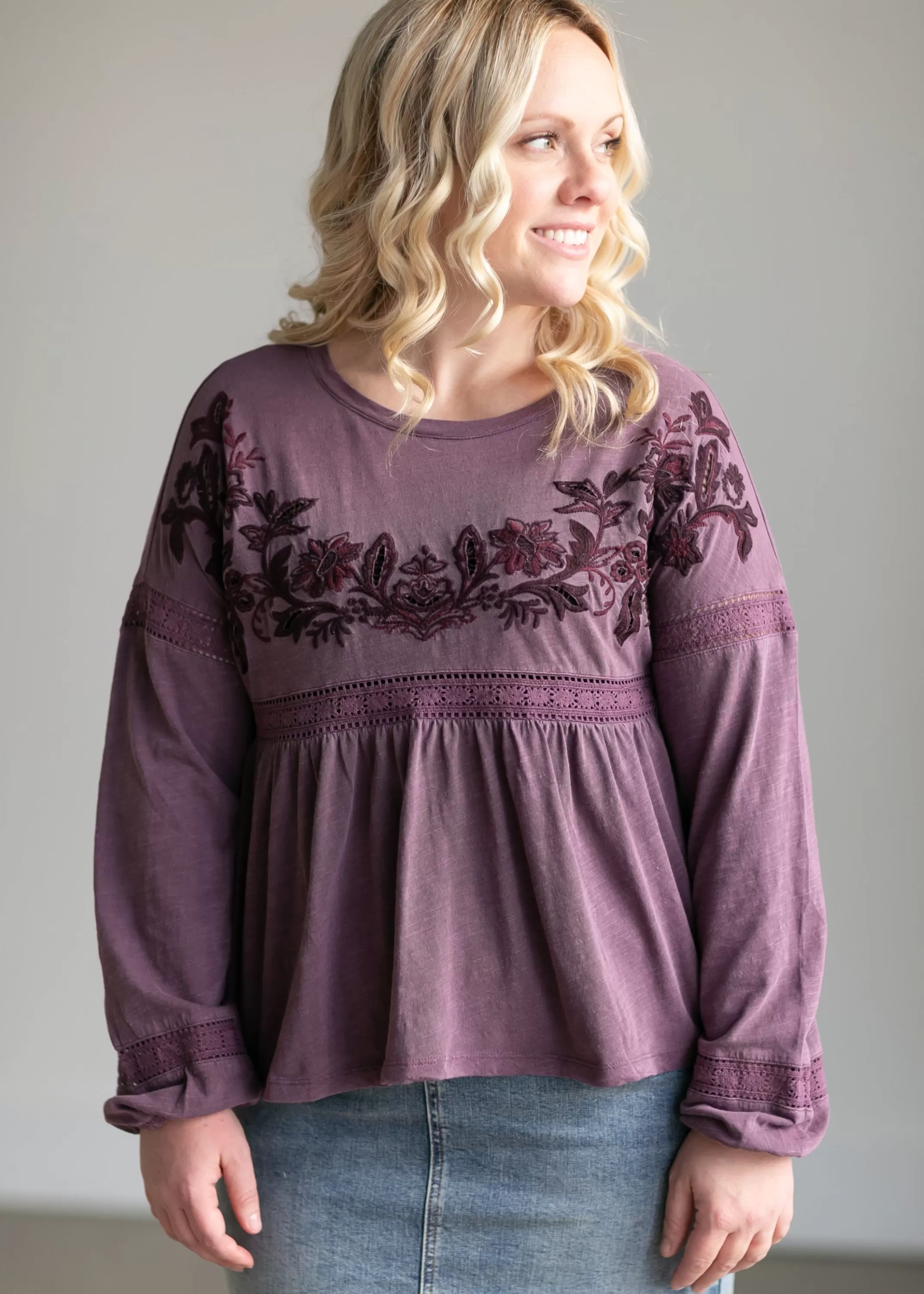 Sale Embroidered Long Sleeve Babydoll Top Women Maternity Friendly