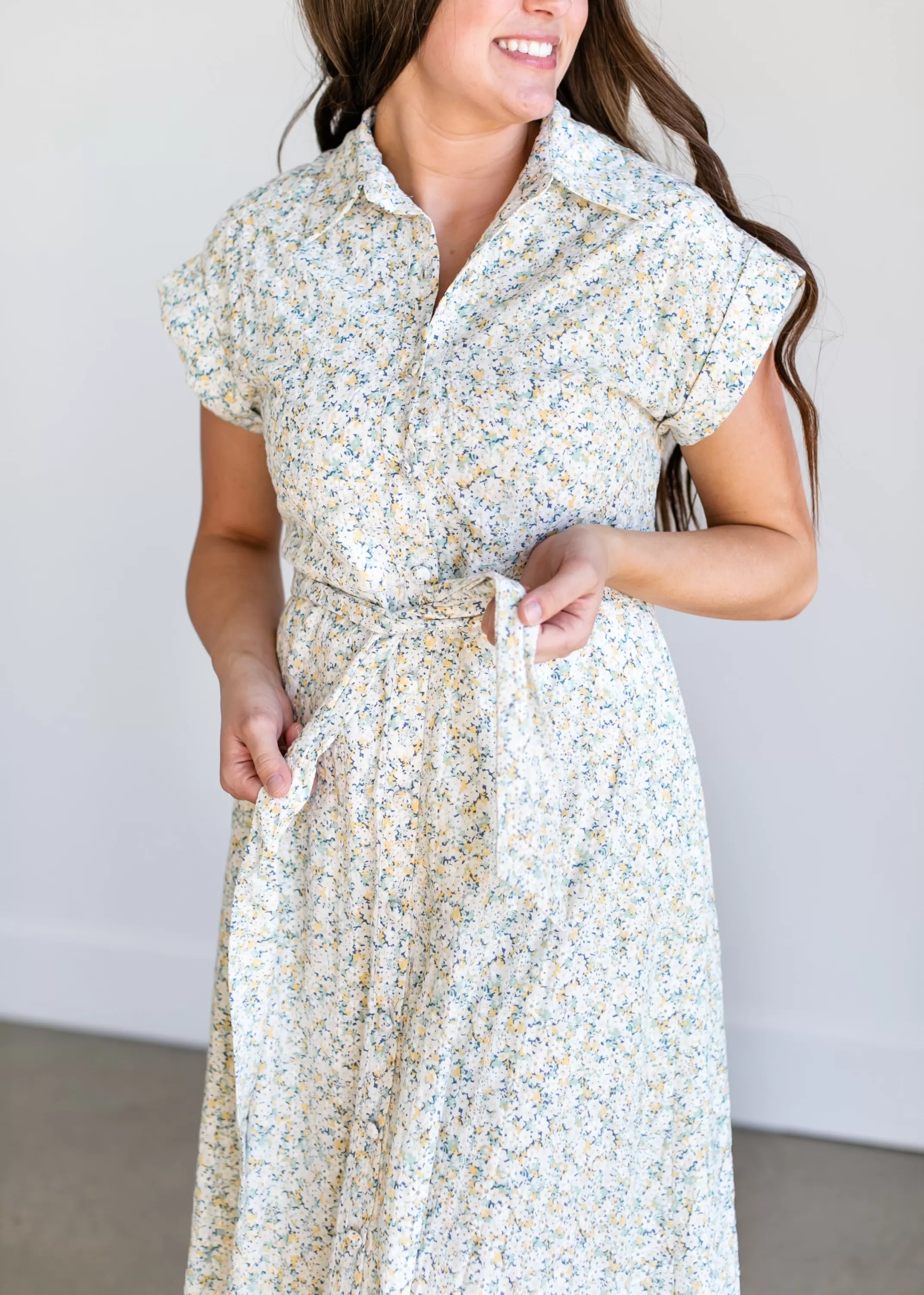 Flash Sale Eyelet Ditsy Floral Midi Shirt Dress Women Midi Dresses