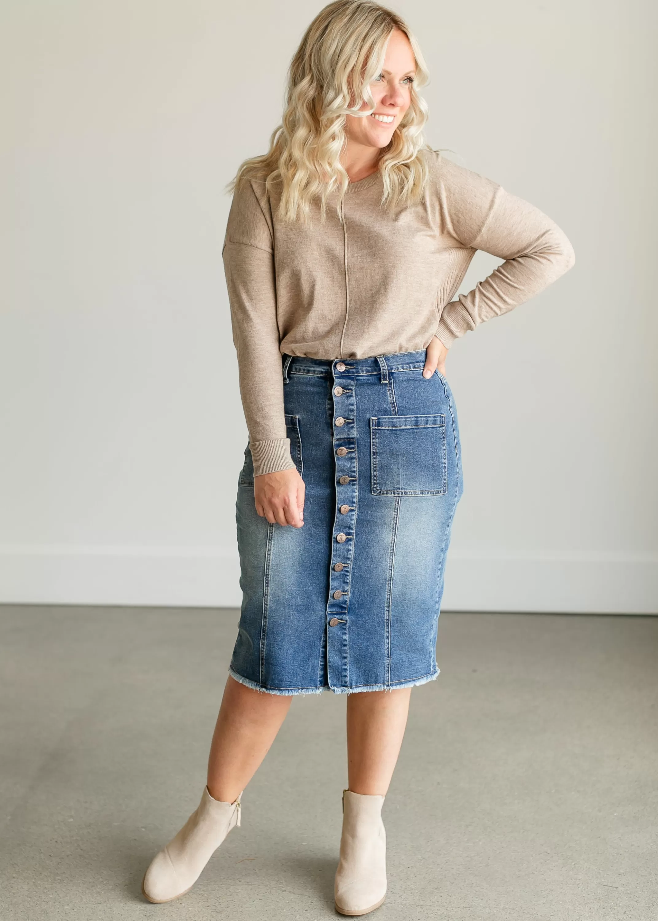 Hot Farrah Denim Midi Skirt Women Straight Fit