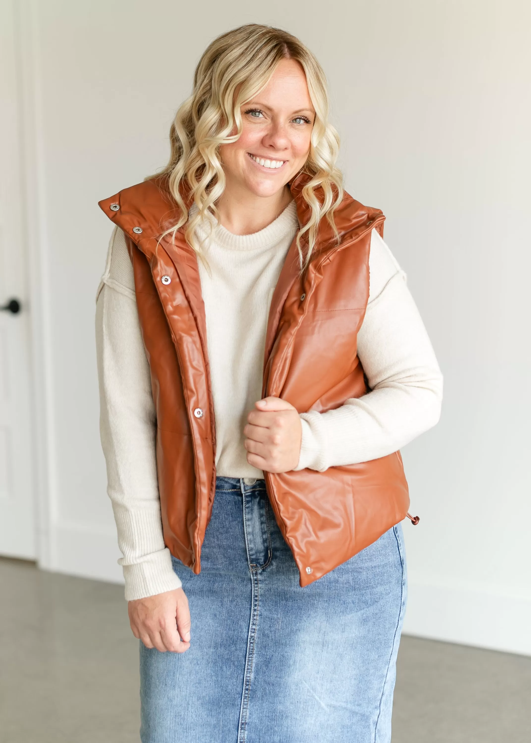 Shop Faux Leather Full Snap Puffer Vest Women Sleeveless