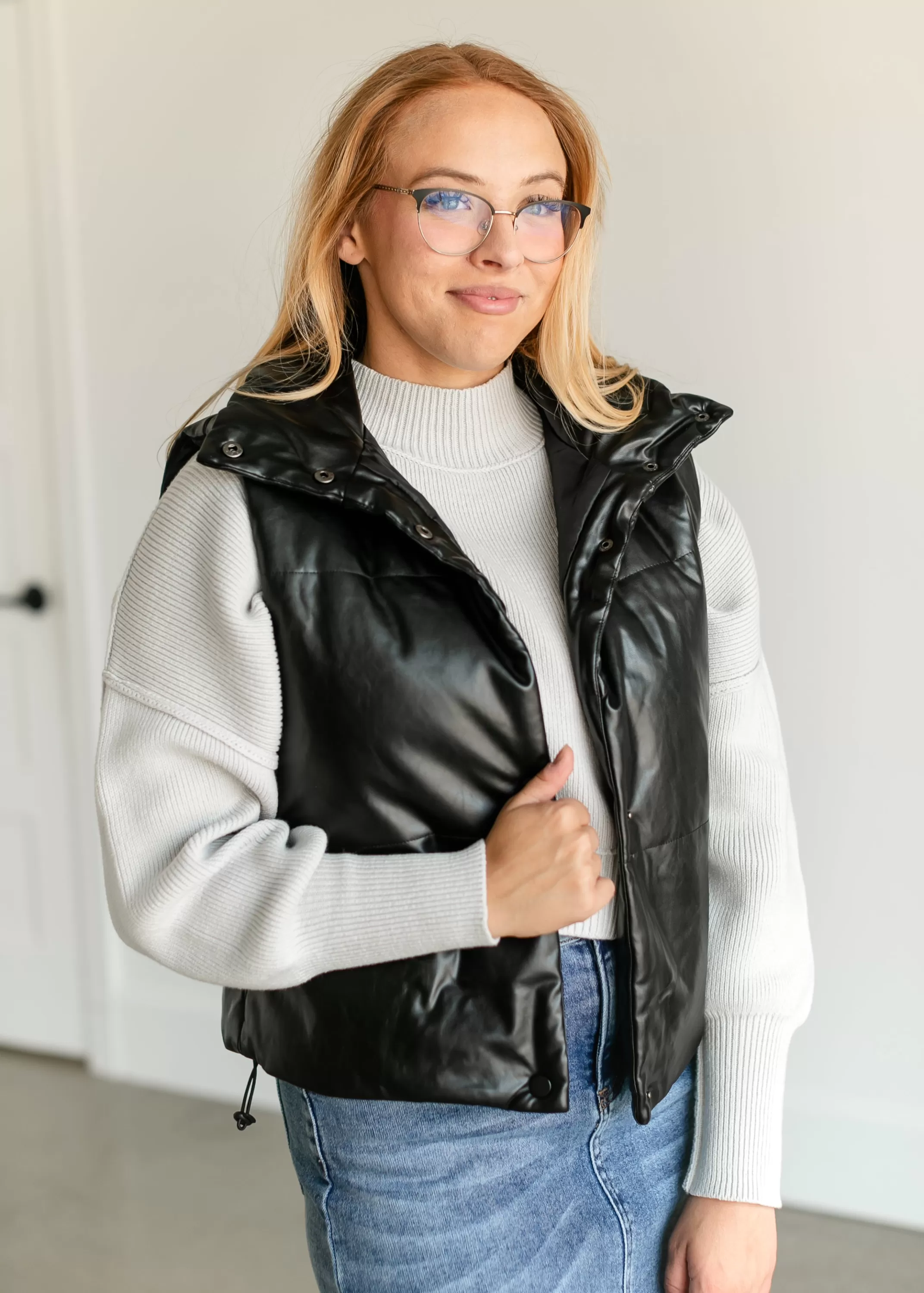 Shop Faux Leather Full Snap Puffer Vest Women Sleeveless