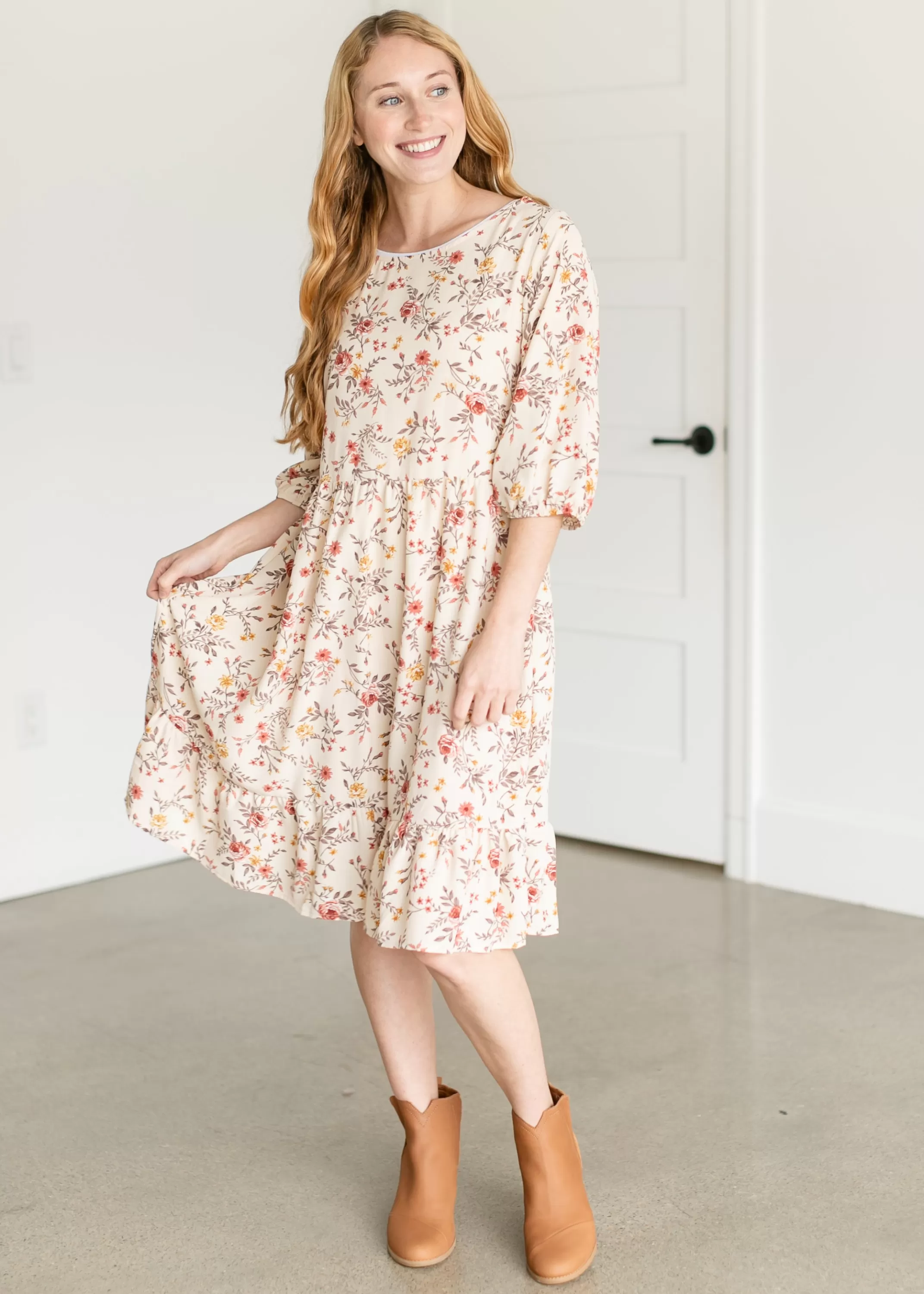 Discount Floral 3/4 Sleeve Midi Dress Women Maternity Friendly