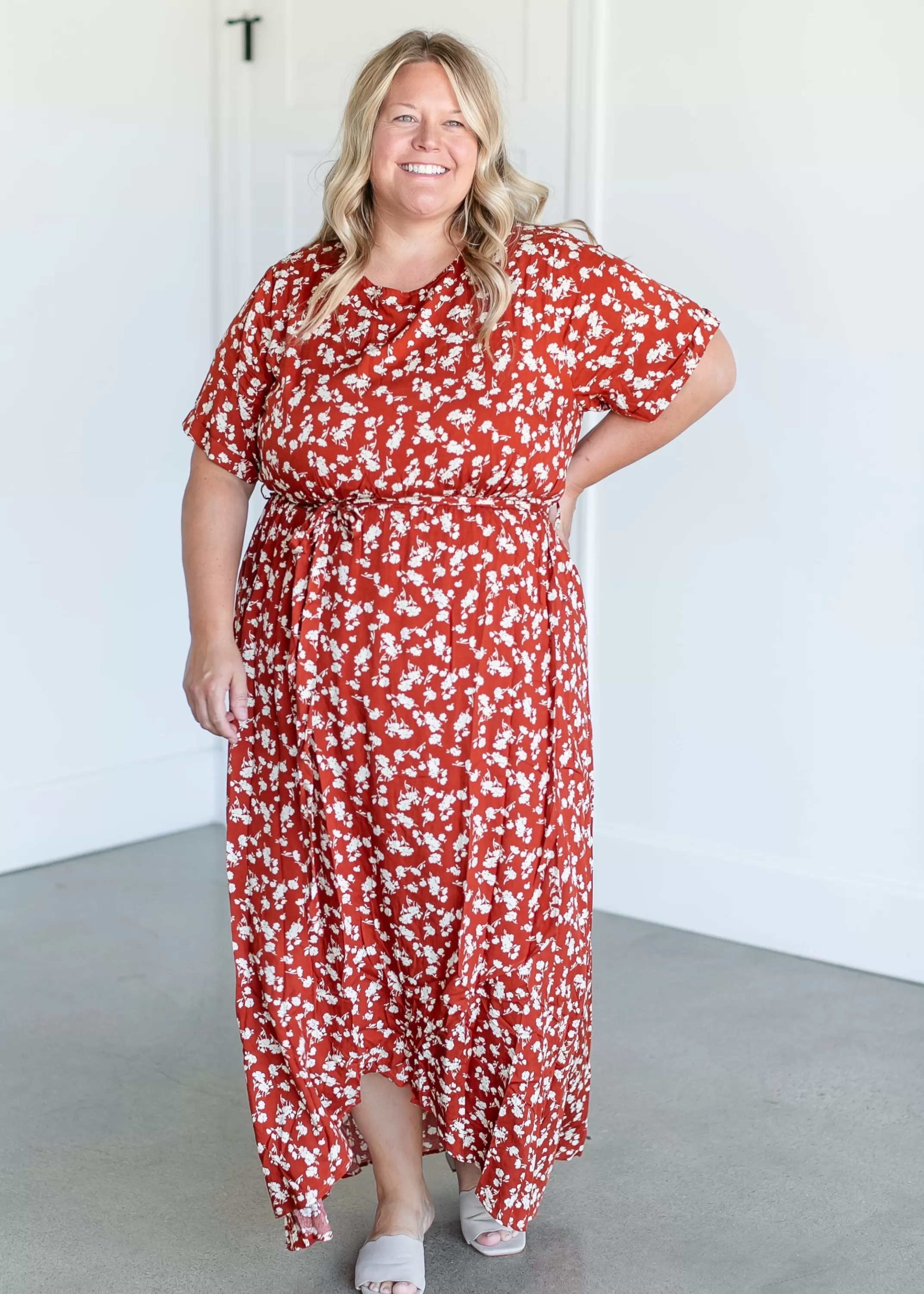 Fashion Floral Belted Maxi Dress Women Plus Size