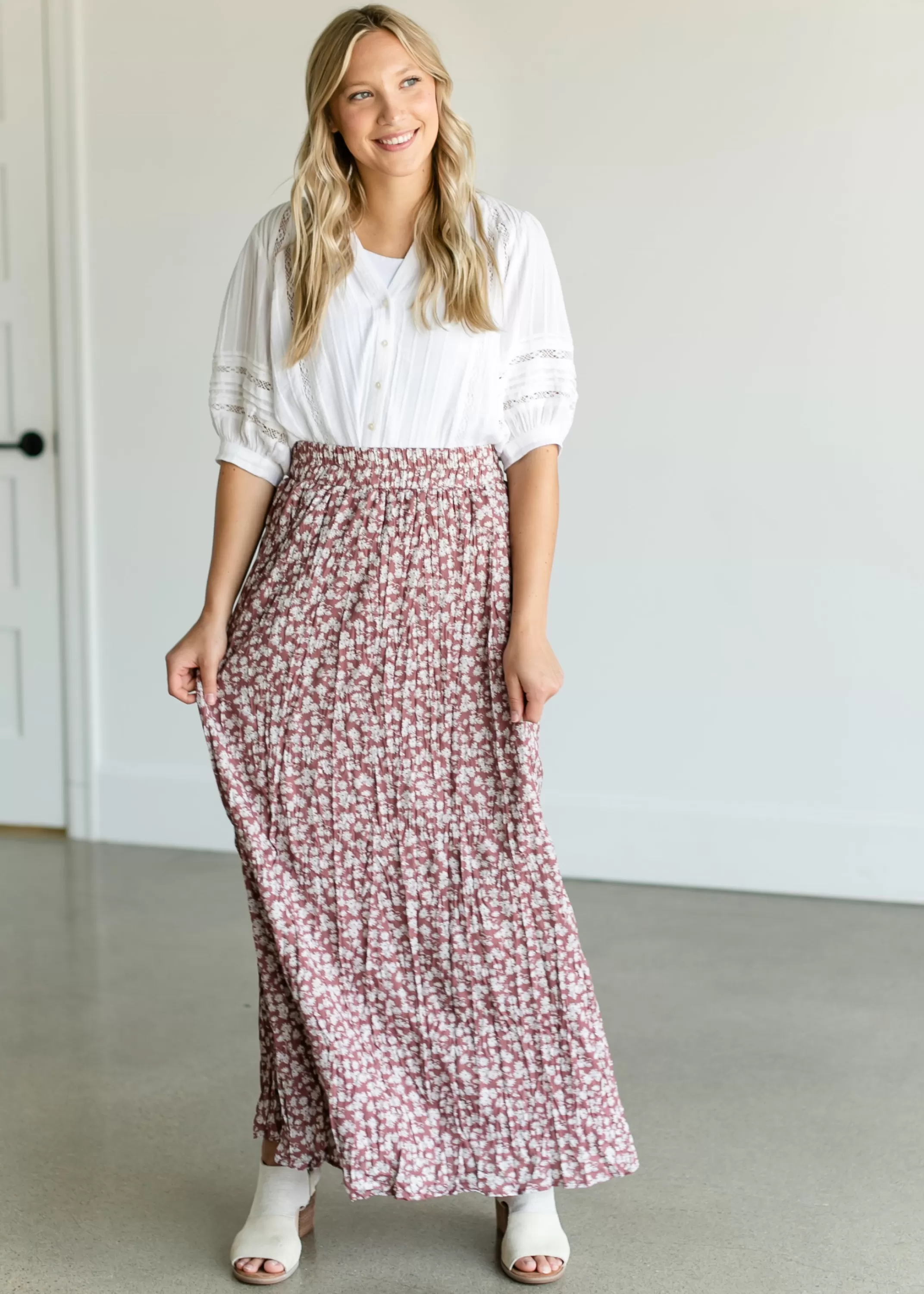 Discount Floral Crinkle Pleat Maxi Skirt Women Plus Size