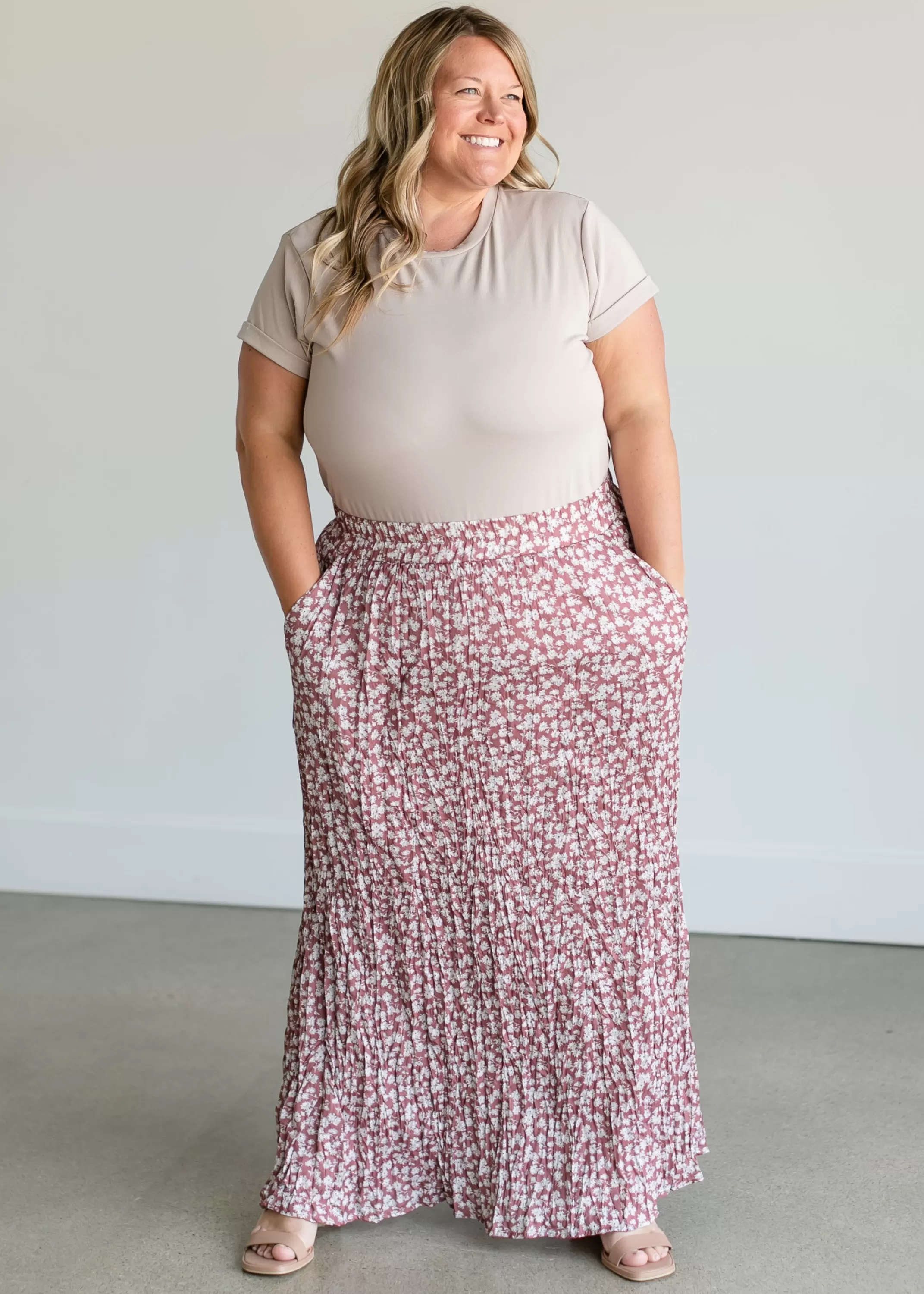 Discount Floral Crinkle Pleat Maxi Skirt Women Plus Size