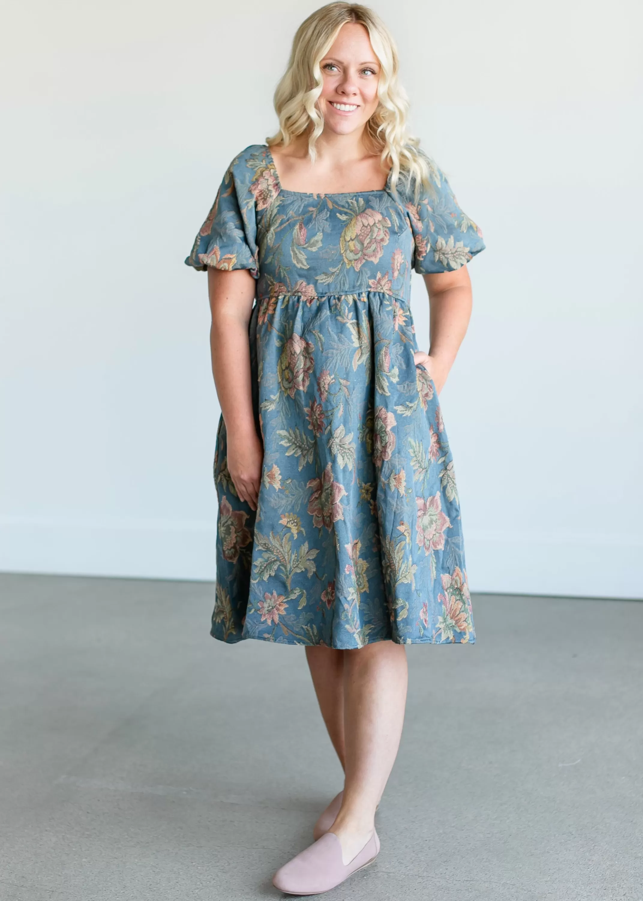 Cheap Floral Jacquard Midi Dress Women Plus Size